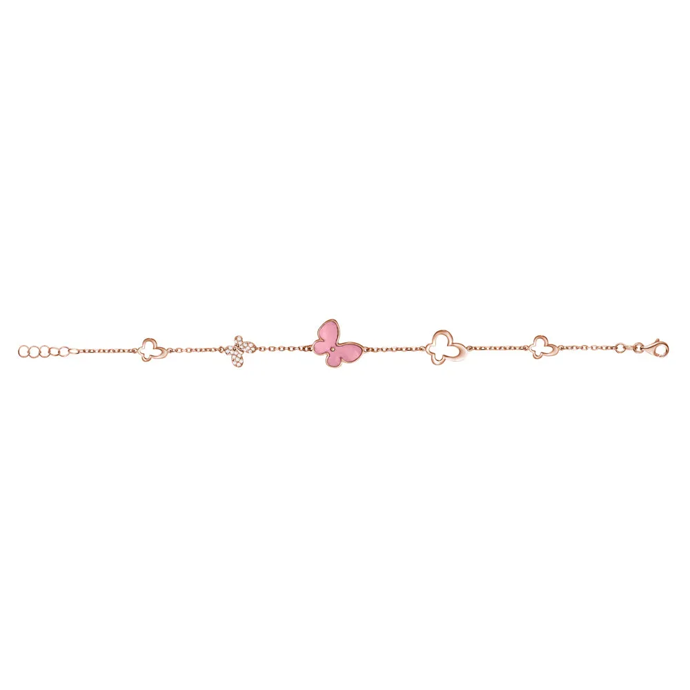 14K Rose Gold Butterfly Bracelet with Pink Mother of Pearl and Simulated Diamonds Italy 7