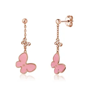 14K Rose Gold Butterfly Dangle Post Earrings with Pink Mother of Pearl and Simulated Diamonds Italy