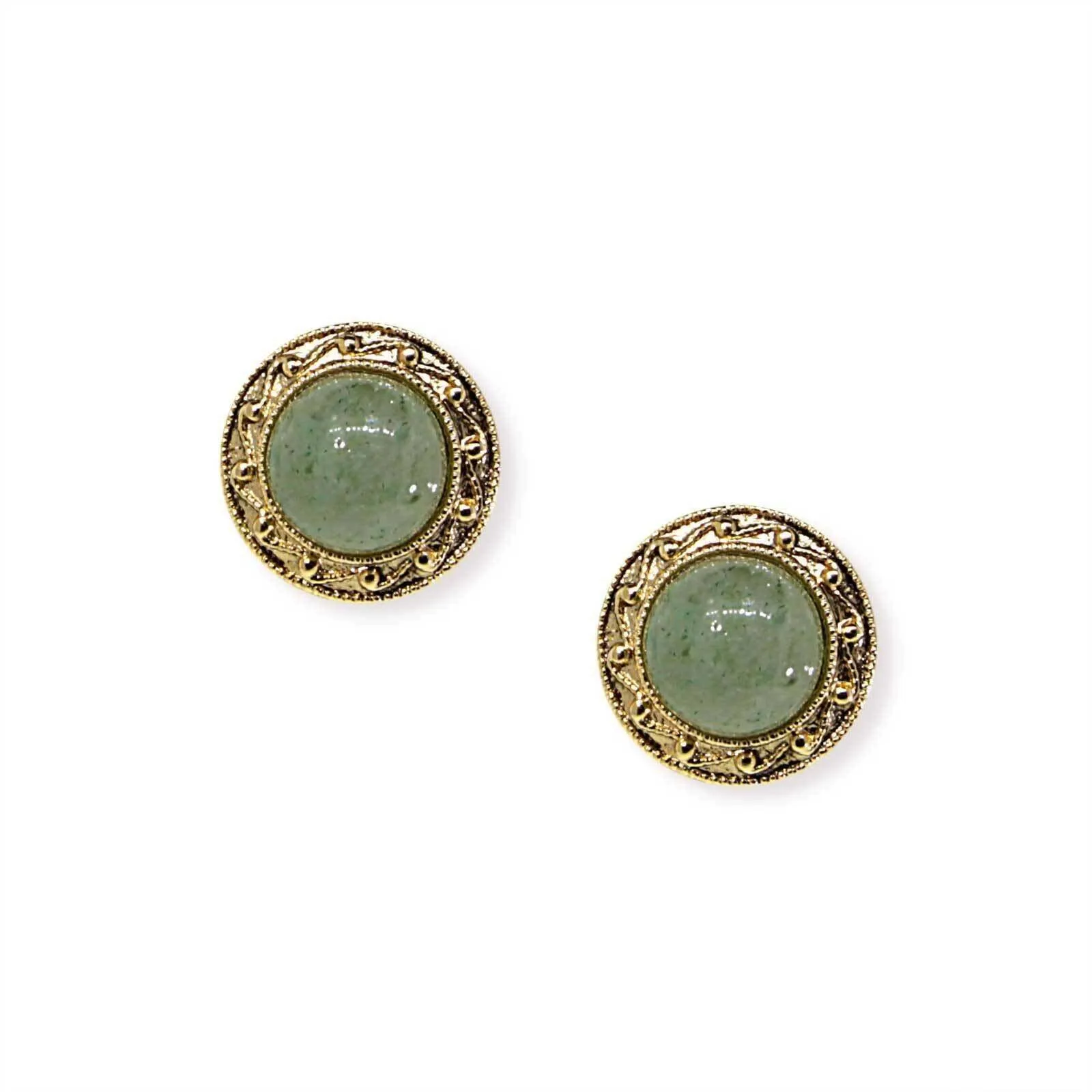 1928 Jewelry Round Green Aventurine Gemstone Button Earrings