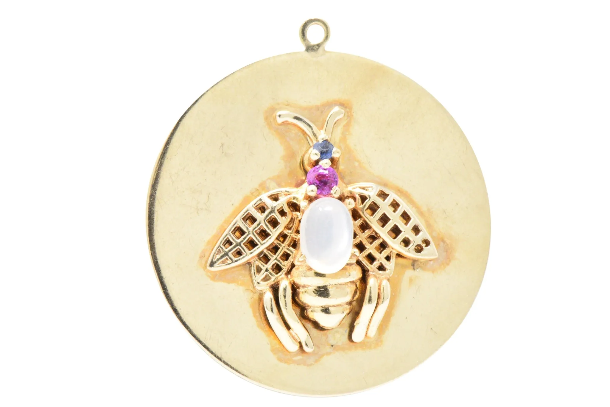 1940's Retro Moonstone Sapphire 14 Karat Gold Bee Charm Pendant