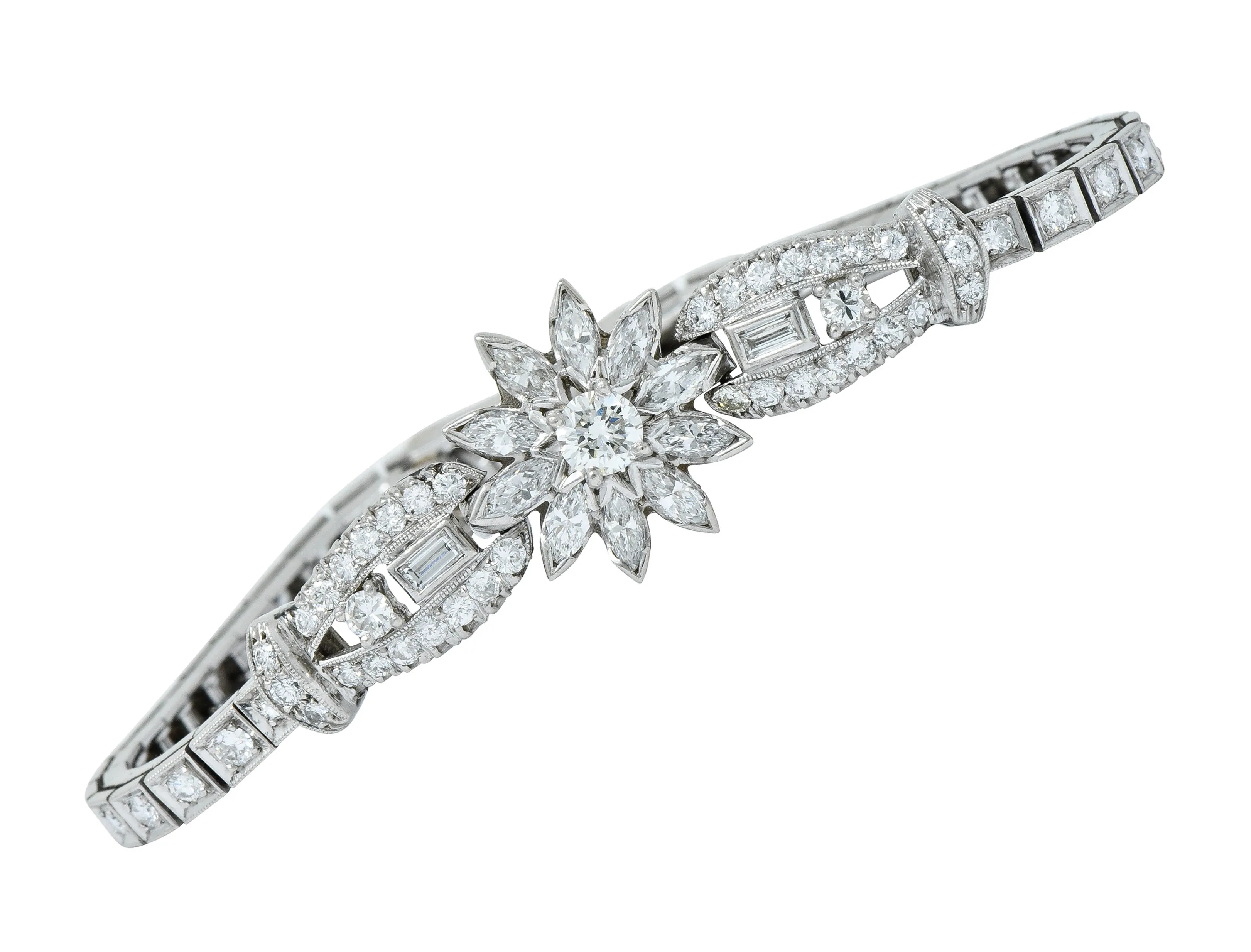 1950’s Mid-Century 4.00 CTW Diamond Platinum Floral Cluster Link Bracelet