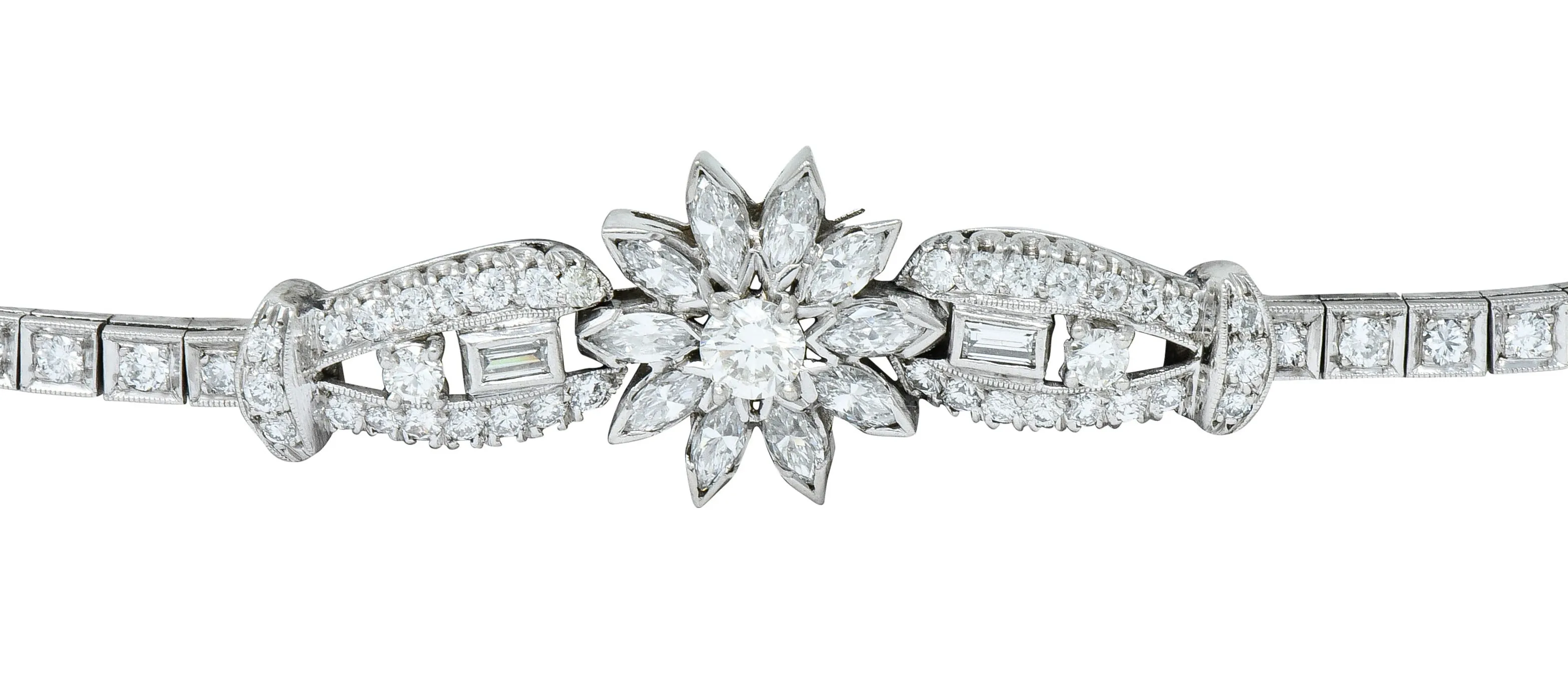 1950’s Mid-Century 4.00 CTW Diamond Platinum Floral Cluster Link Bracelet