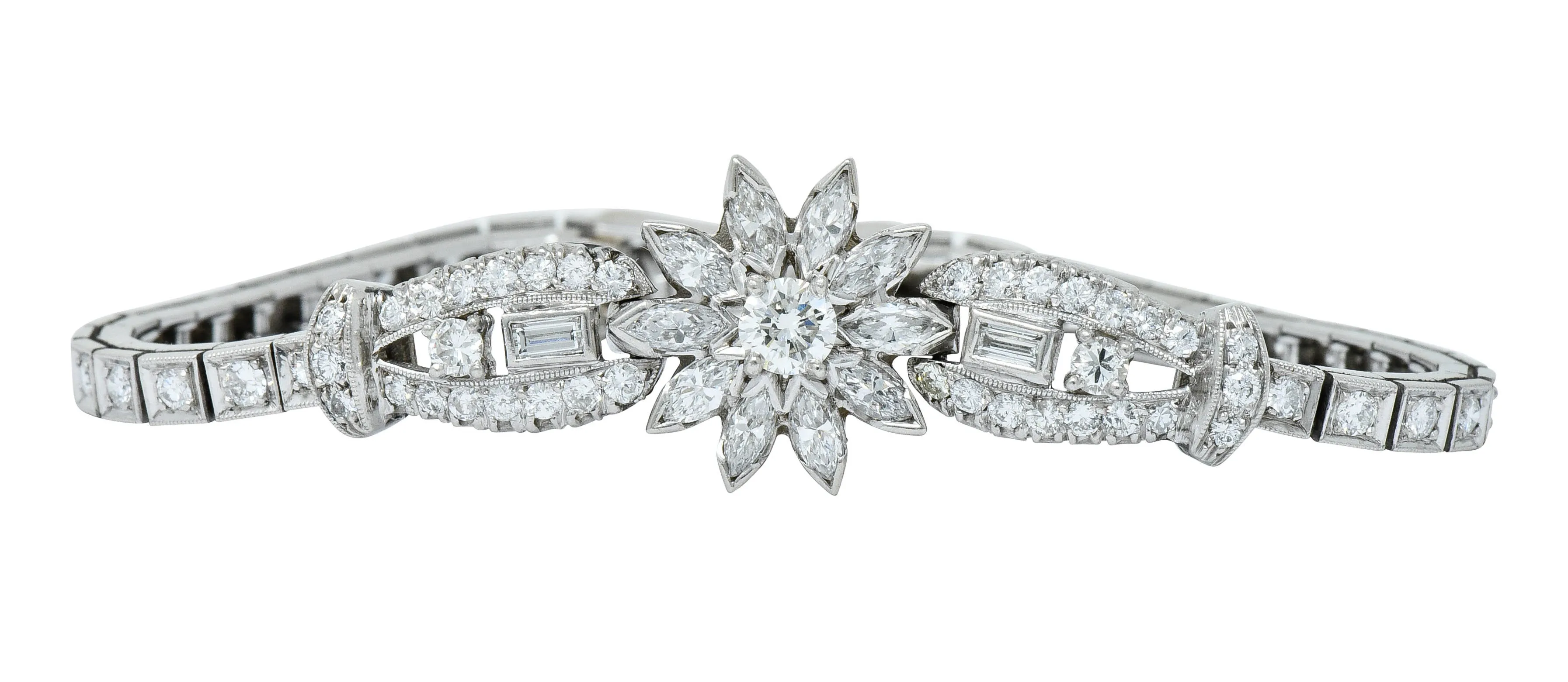 1950’s Mid-Century 4.00 CTW Diamond Platinum Floral Cluster Link Bracelet