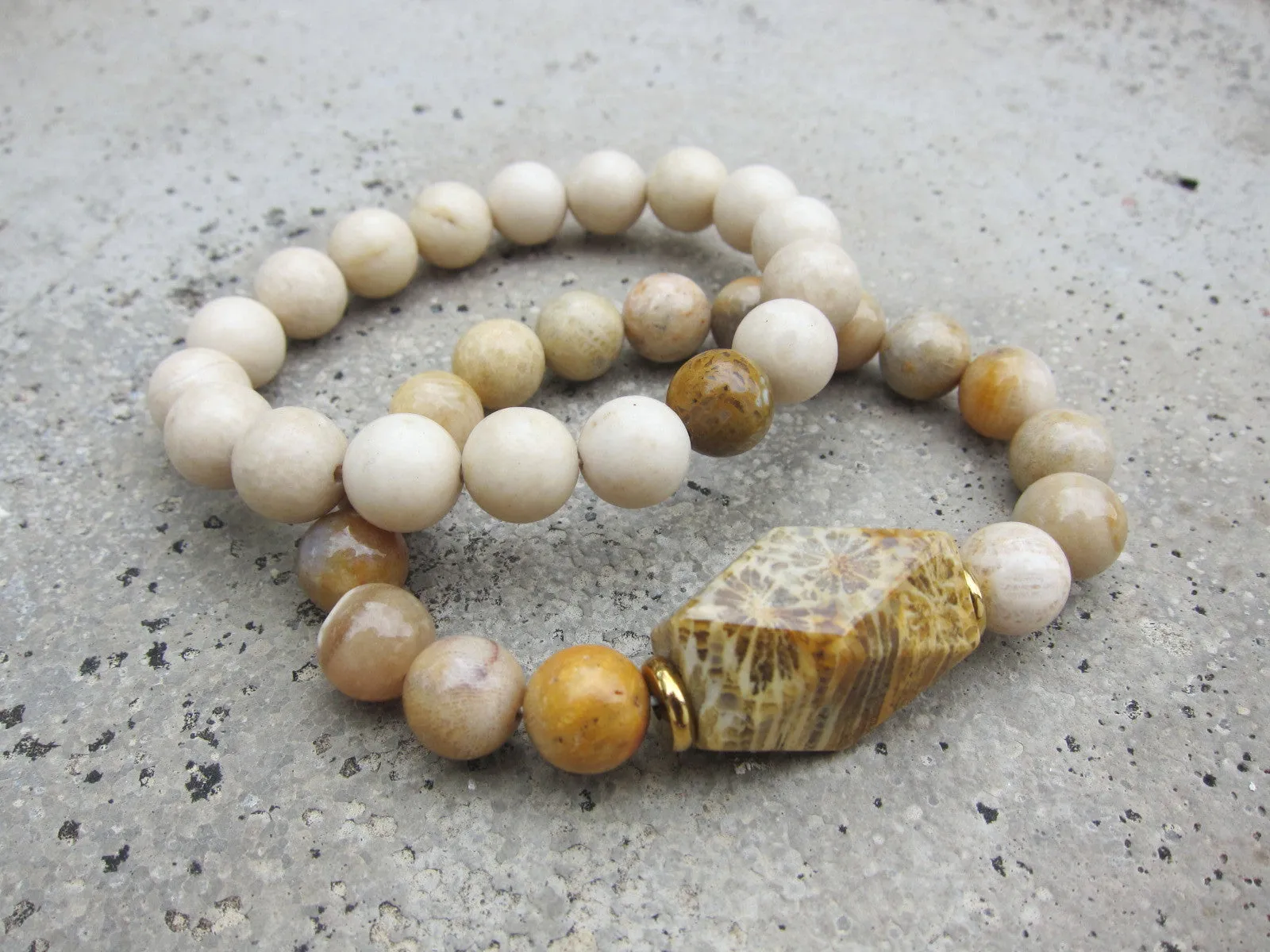 2 piece set - River Stone and Fossil Coral Guru Mala Bracelet