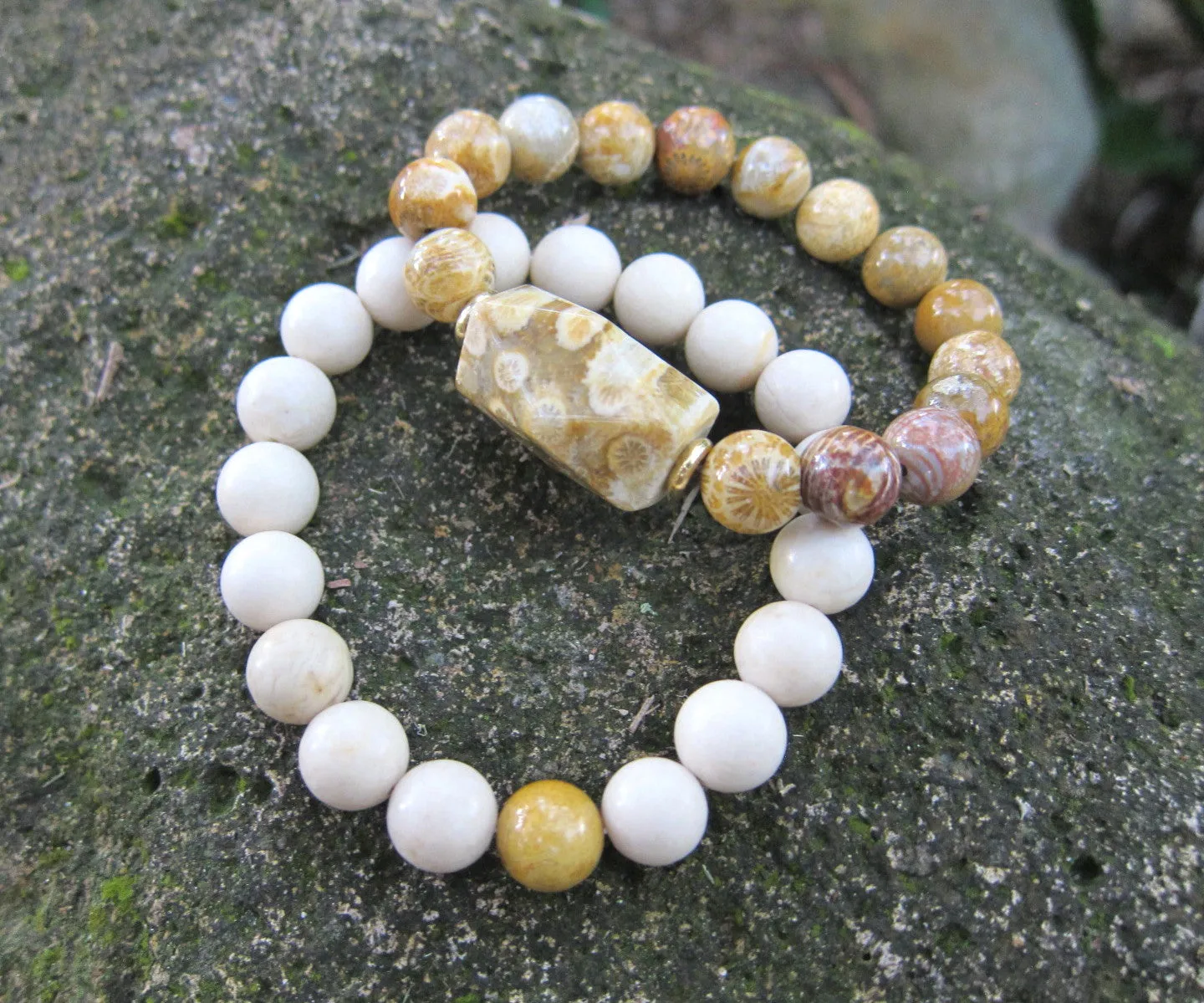 2 piece set - River Stone and Fossil Coral Guru Mala Bracelet