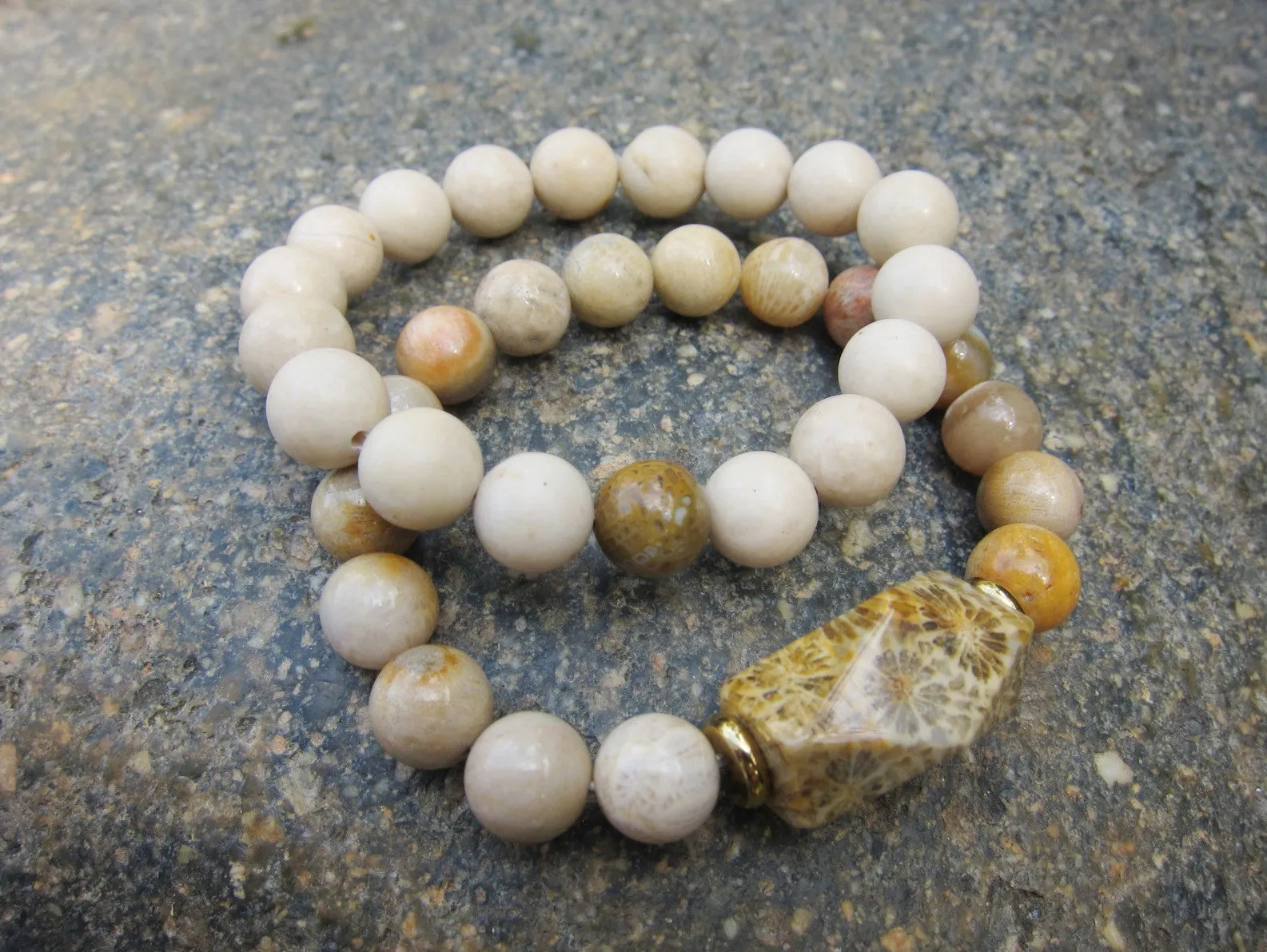 2 piece set - River Stone and Fossil Coral Guru Mala Bracelet