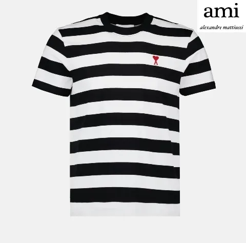 AMI PARIS  |Stripes Unisex Logo Designers T-Shirts