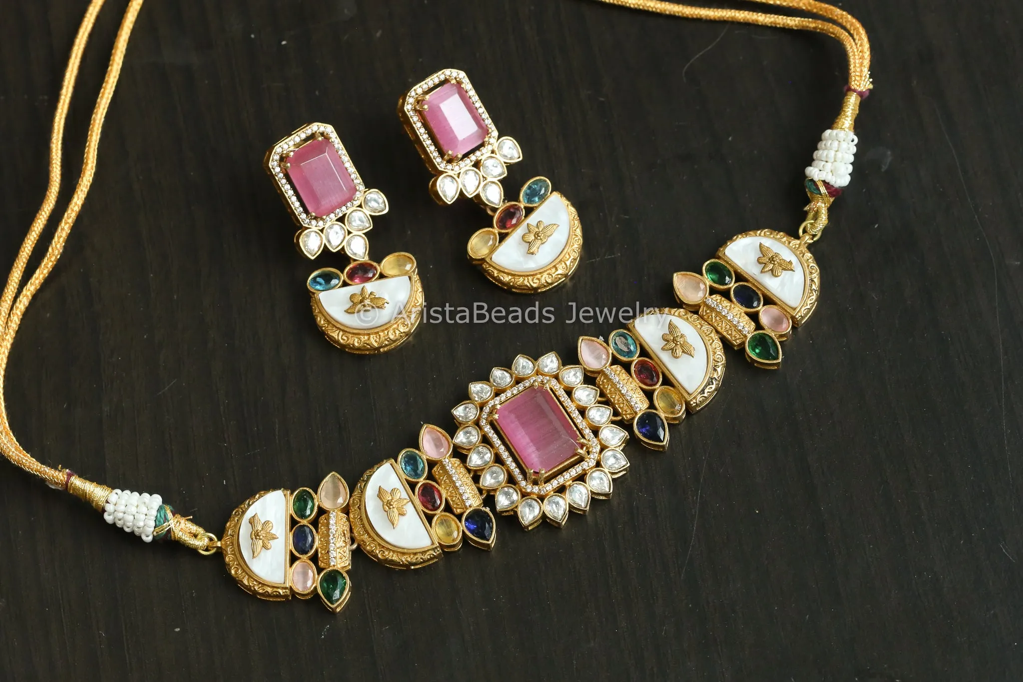 Antique Gold MOP & Pink Stone Set  (ABJ-N101-65)