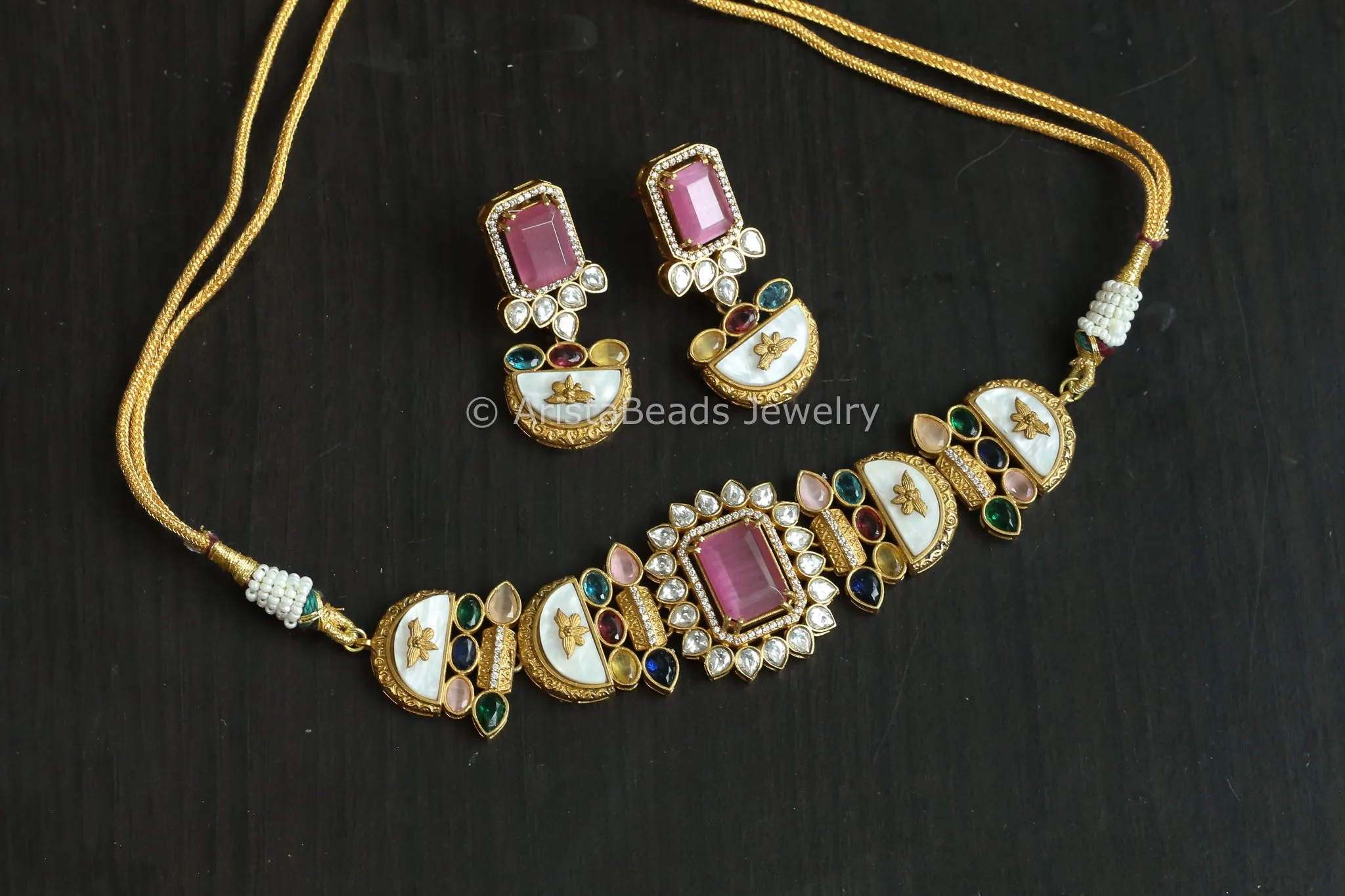 Antique Gold MOP & Pink Stone Set  (ABJ-N101-65)