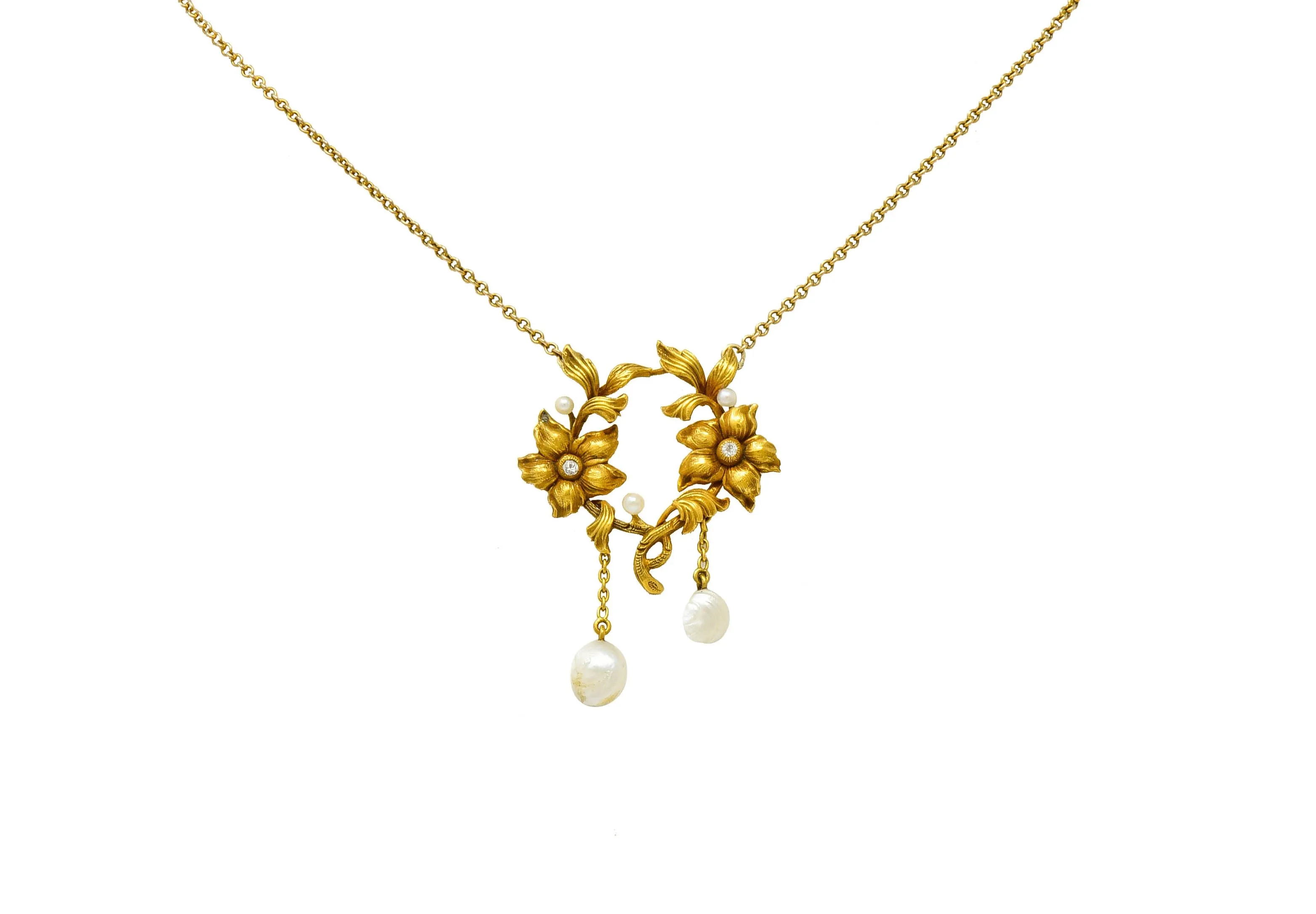 Art Nouveau Pearl Diamond 18 Karat Gold Floral Necklace