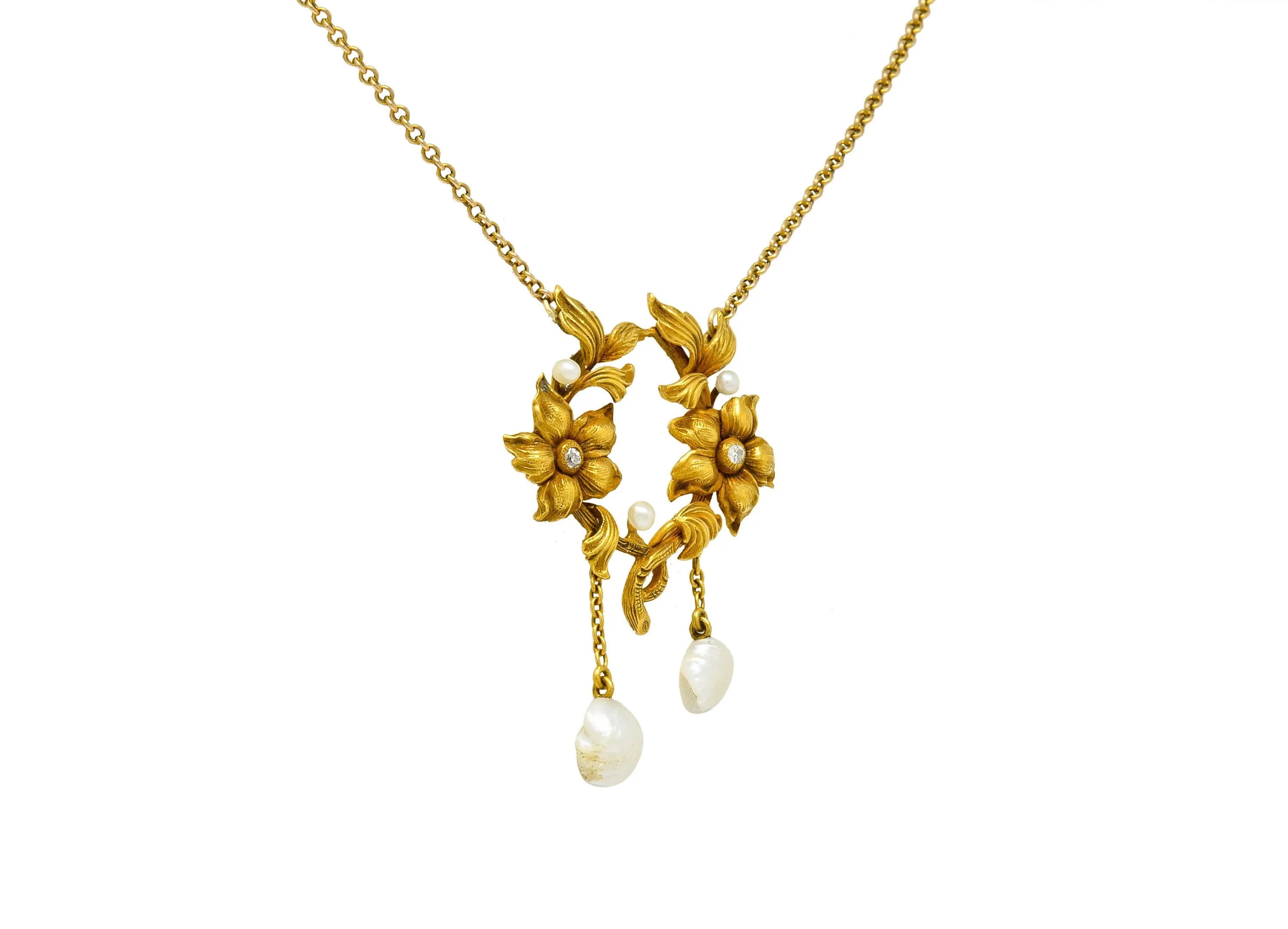 Art Nouveau Pearl Diamond 18 Karat Gold Floral Necklace