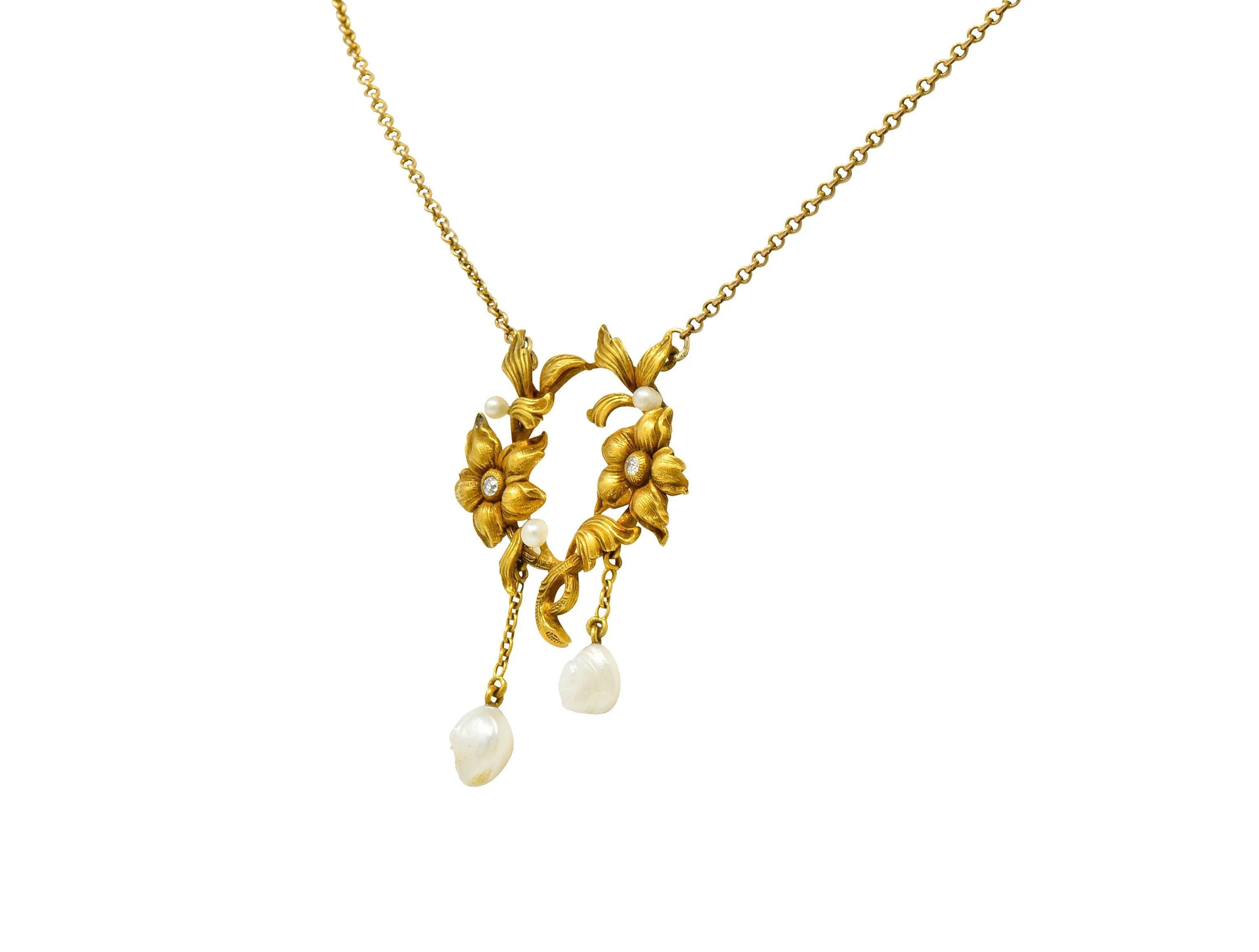 Art Nouveau Pearl Diamond 18 Karat Gold Floral Necklace