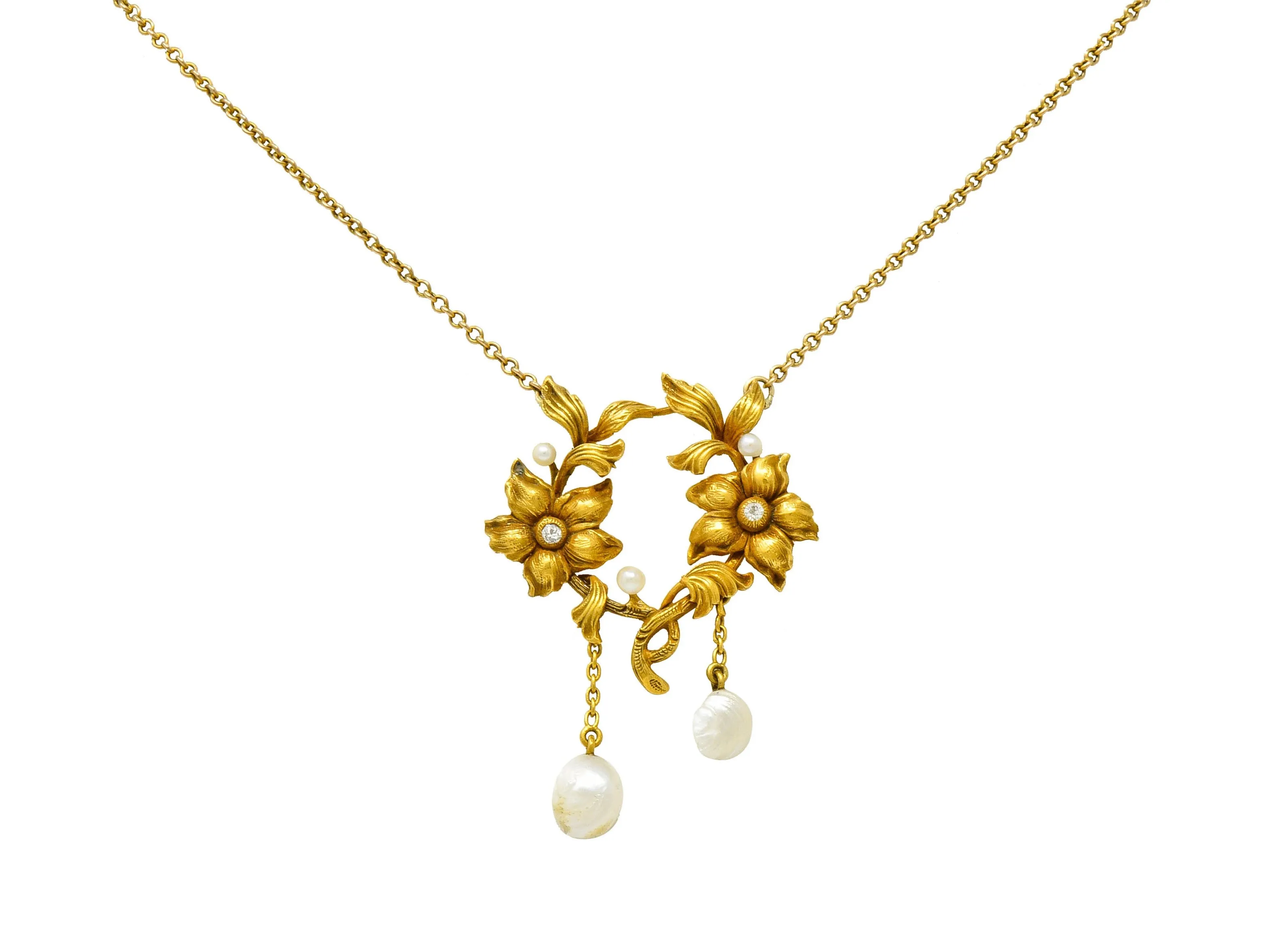 Art Nouveau Pearl Diamond 18 Karat Gold Floral Necklace