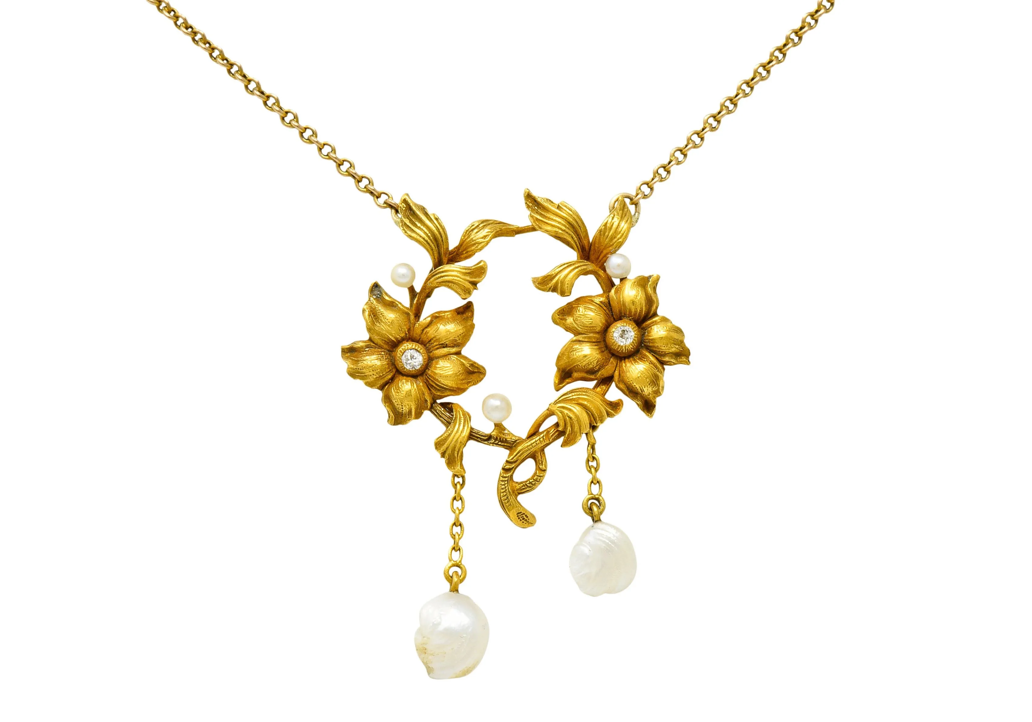 Art Nouveau Pearl Diamond 18 Karat Gold Floral Necklace