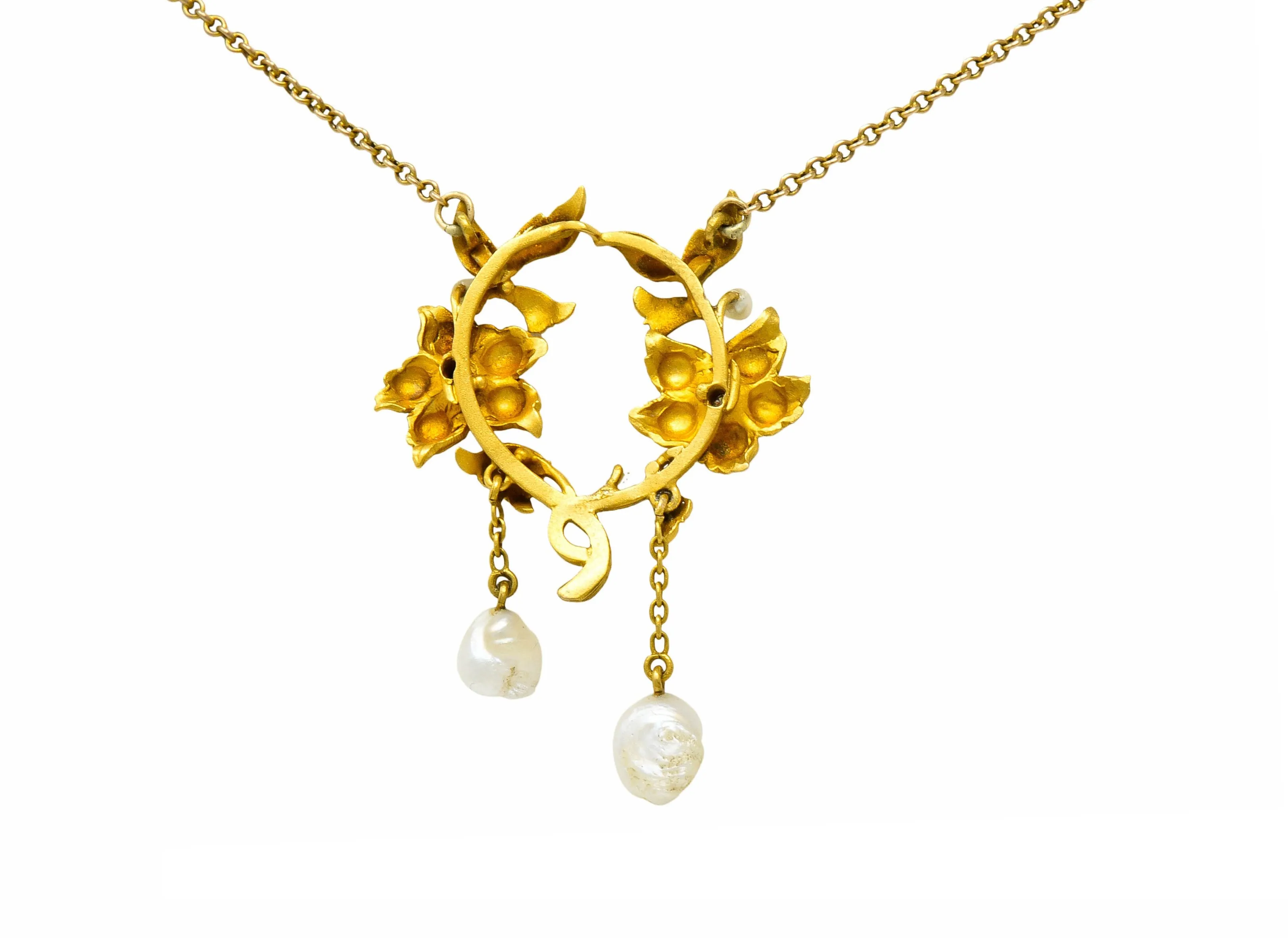 Art Nouveau Pearl Diamond 18 Karat Gold Floral Necklace