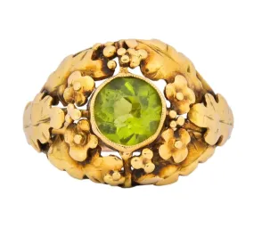 Arts & Crafts Peridot 18 Karat Gold Floral Foliate Ring