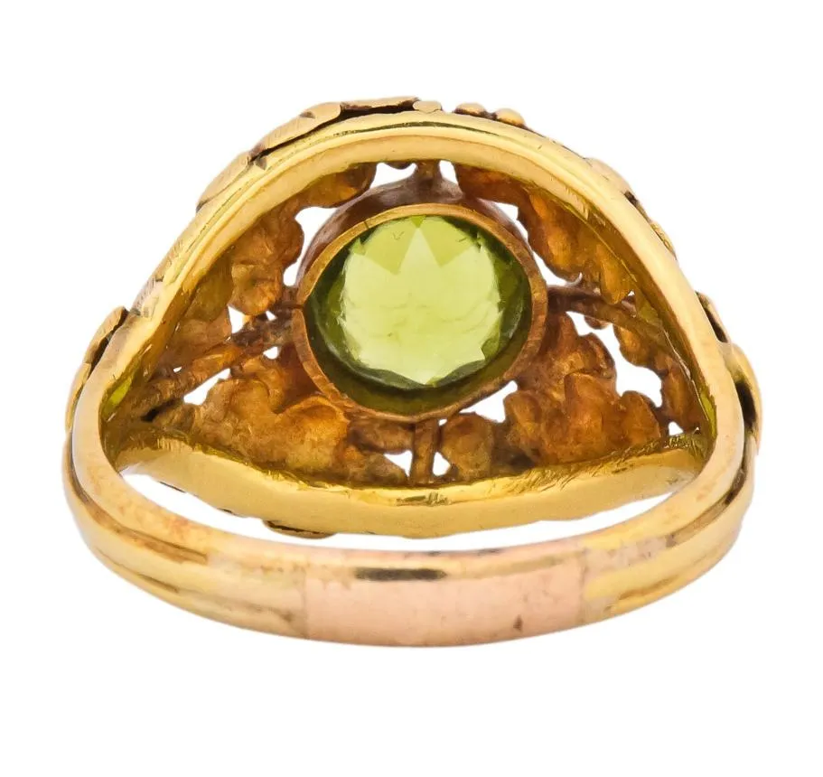 Arts & Crafts Peridot 18 Karat Gold Floral Foliate Ring