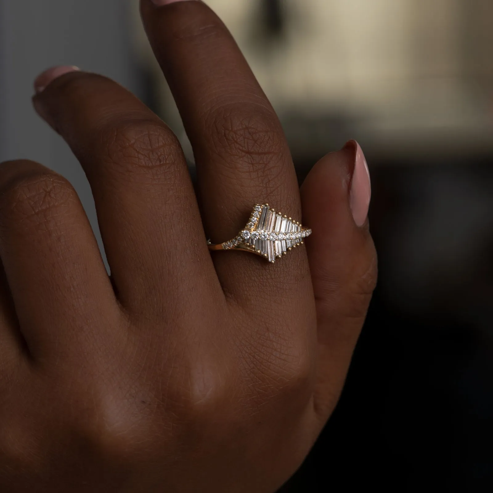 Asymmetrical Baguette Cluster Ring with Round Diamond Beams