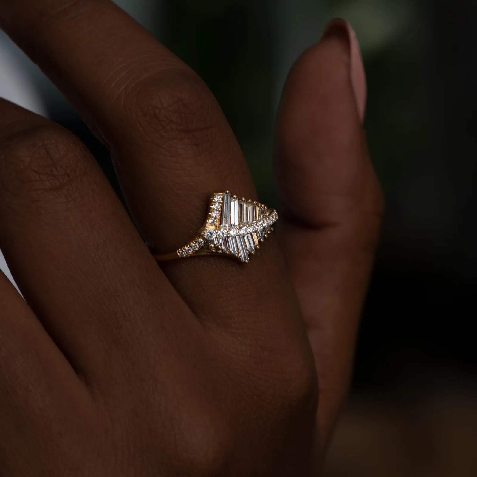 Asymmetrical Baguette Cluster Ring with Round Diamond Beams