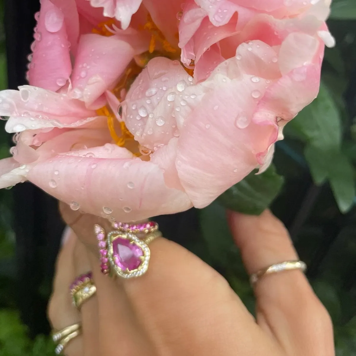 Baby Queen Water Drop Pink Sapphire Ring with Sprinkled Diamonds