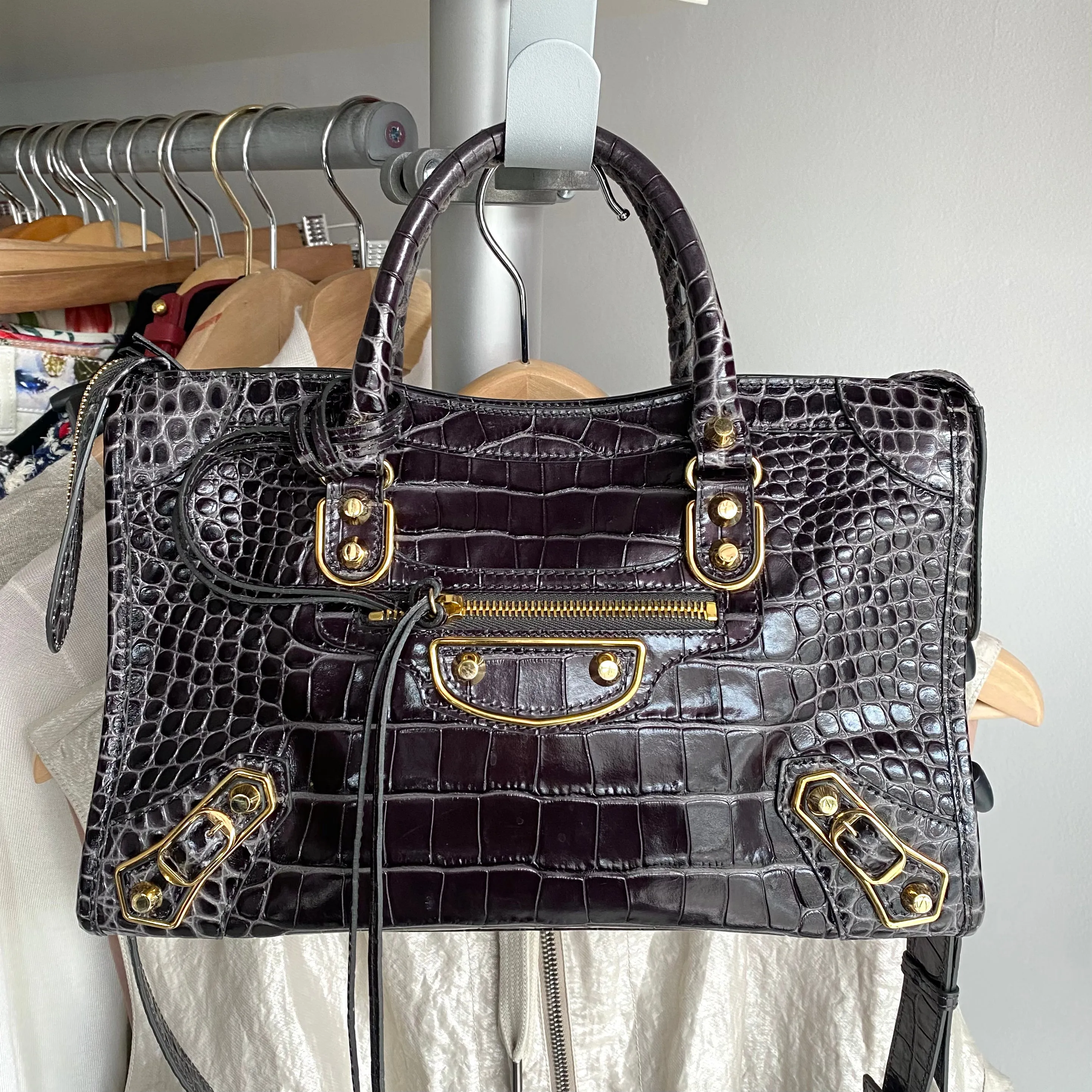 Balenciaga Dark Grey Croc Embossed Small Metallic Edge City Bag