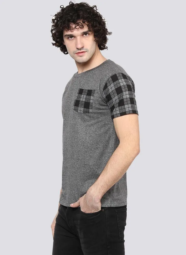 Basic Grey T-Shirt with Contrast Sleeve & Pocket detail