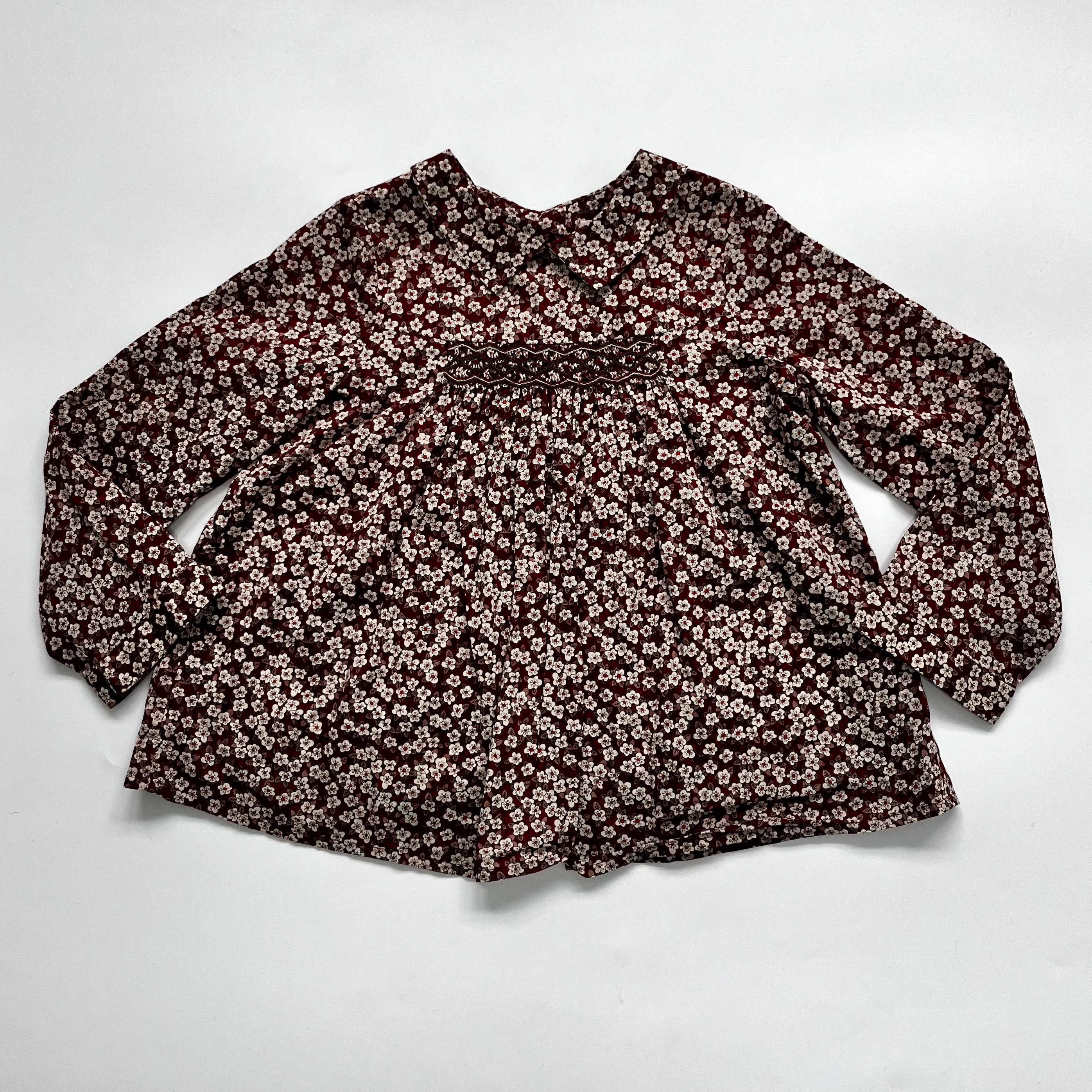 Bonpoint Maroon Hand Smocked Liberty Print Blouse: 6 Years