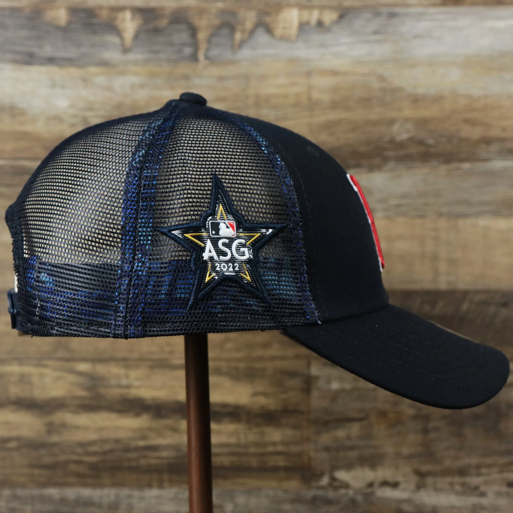 Boston Red Sox Metallic All Star Game MLB 2022 Side Patch 9Forty Mesh Trucker | ASG 2022 Navy Blue Trucker Hat