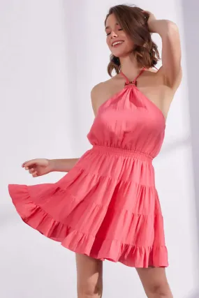 Buckle Detail Ruffle Halter Dress - Coral