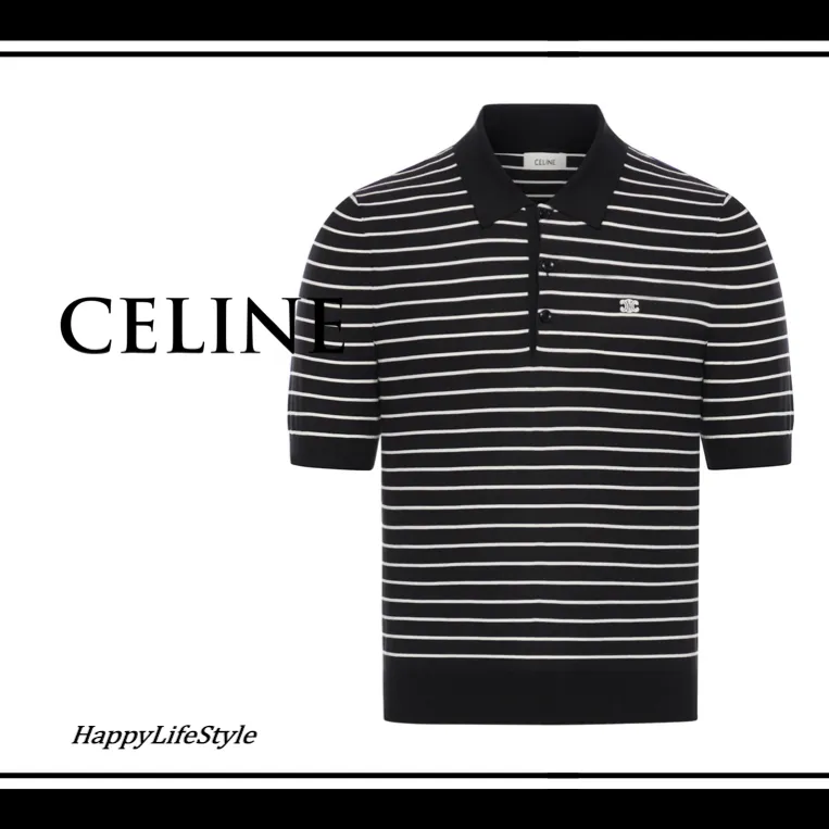 CELINE  |Stripes Bi-color Cotton Short Sleeves Logo Luxury Polos