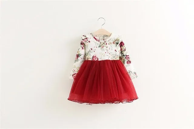 Children Dress Autumn Baby Girls floral Printed Princess Dresses Vestidos toddler girls Clothing Kids Girls red Xmas Dresses