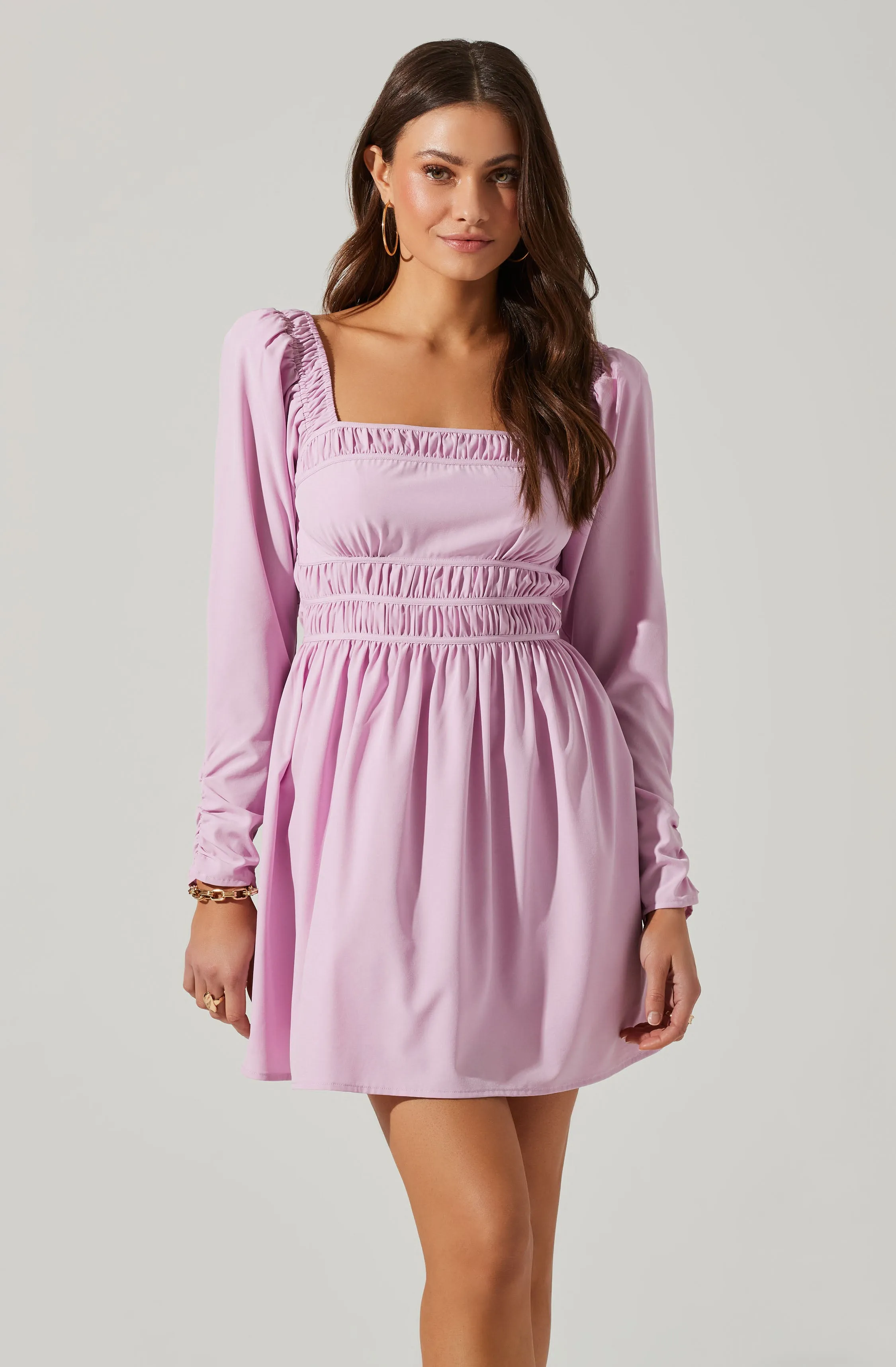 Cinched Waist Long Sleeve Mini Dress