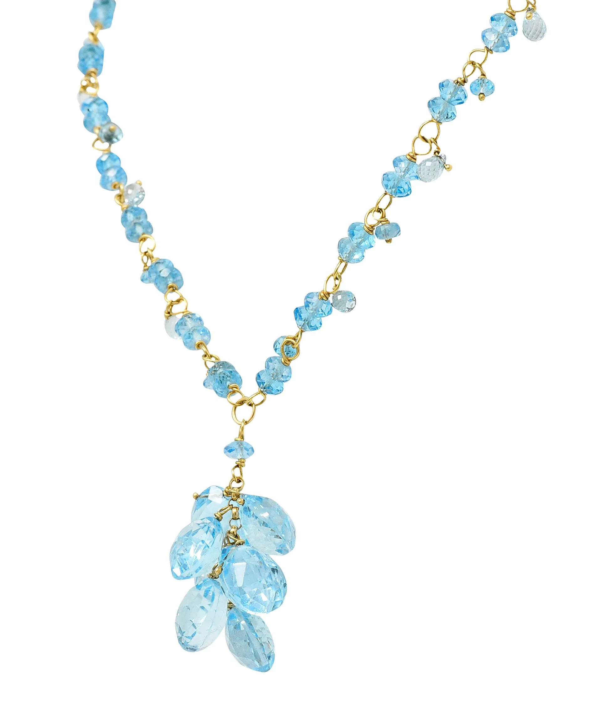 Contemporary Blue Topaz 18 Karat Gold Station Tassel Necklace