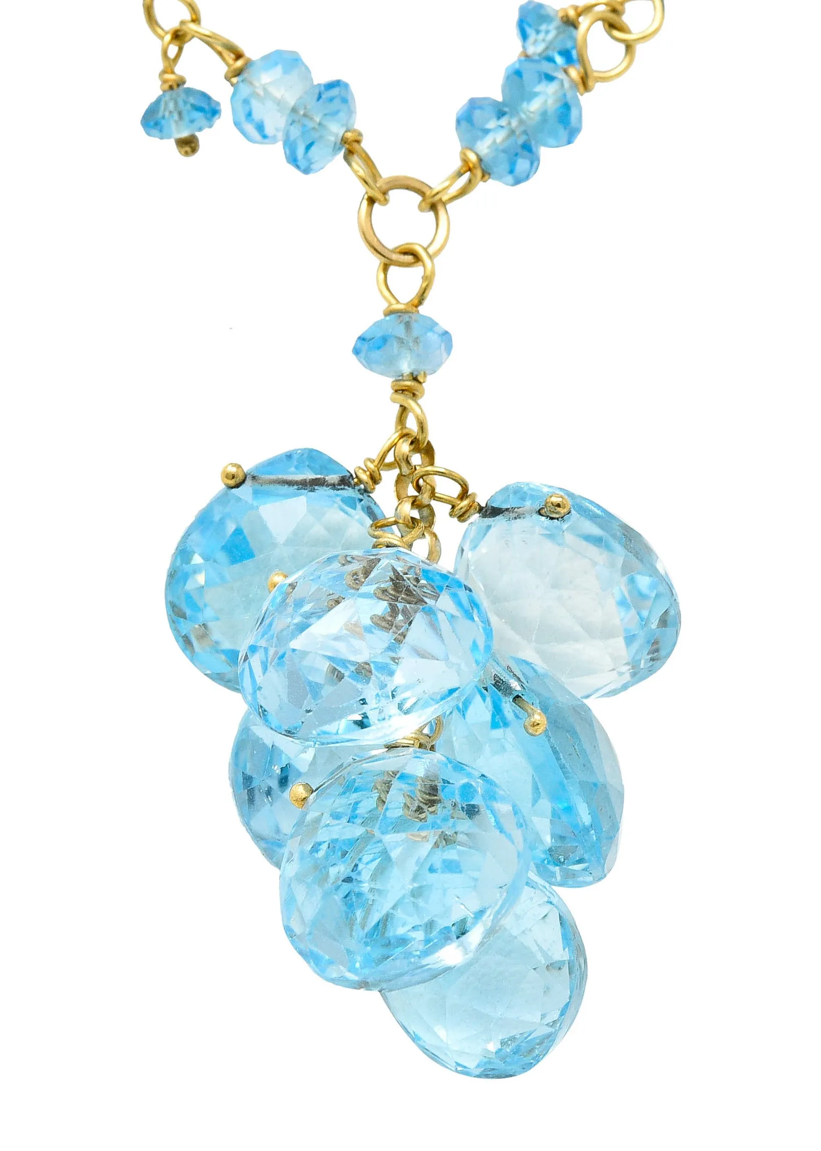 Contemporary Blue Topaz 18 Karat Gold Station Tassel Necklace