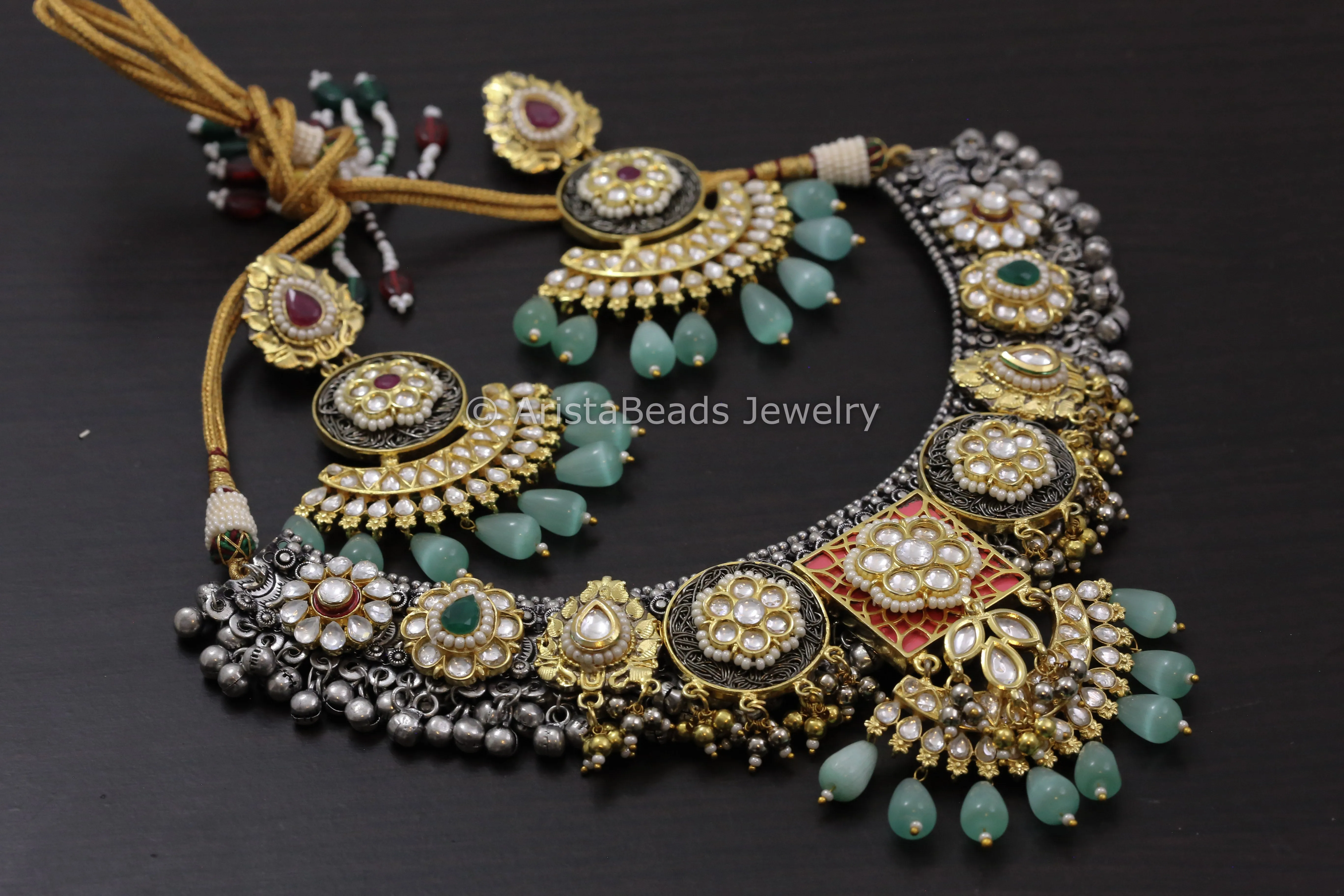 Contemporary Dual Tone Designer Kundan Necklace Set - Mint