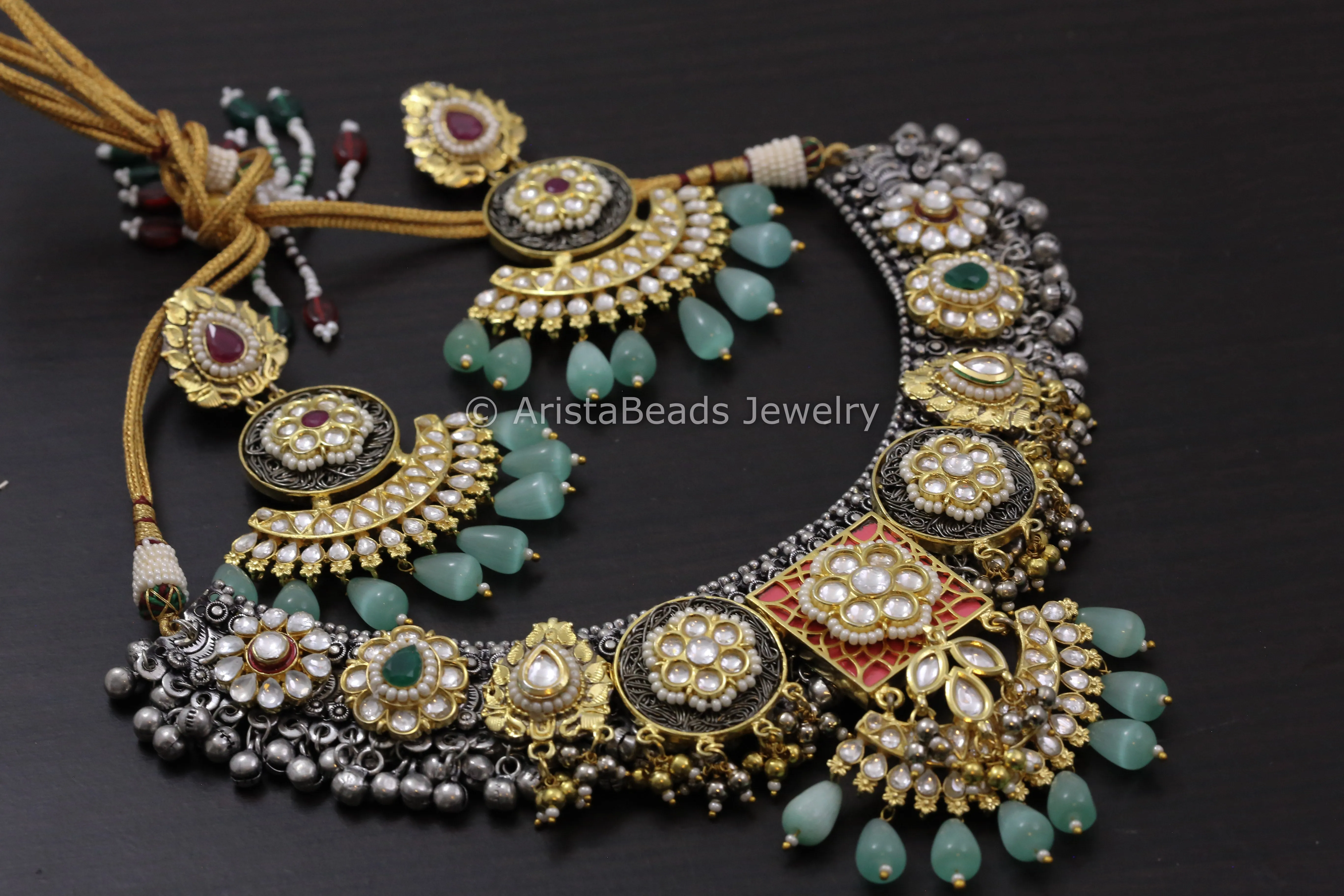 Contemporary Dual Tone Designer Kundan Necklace Set - Mint