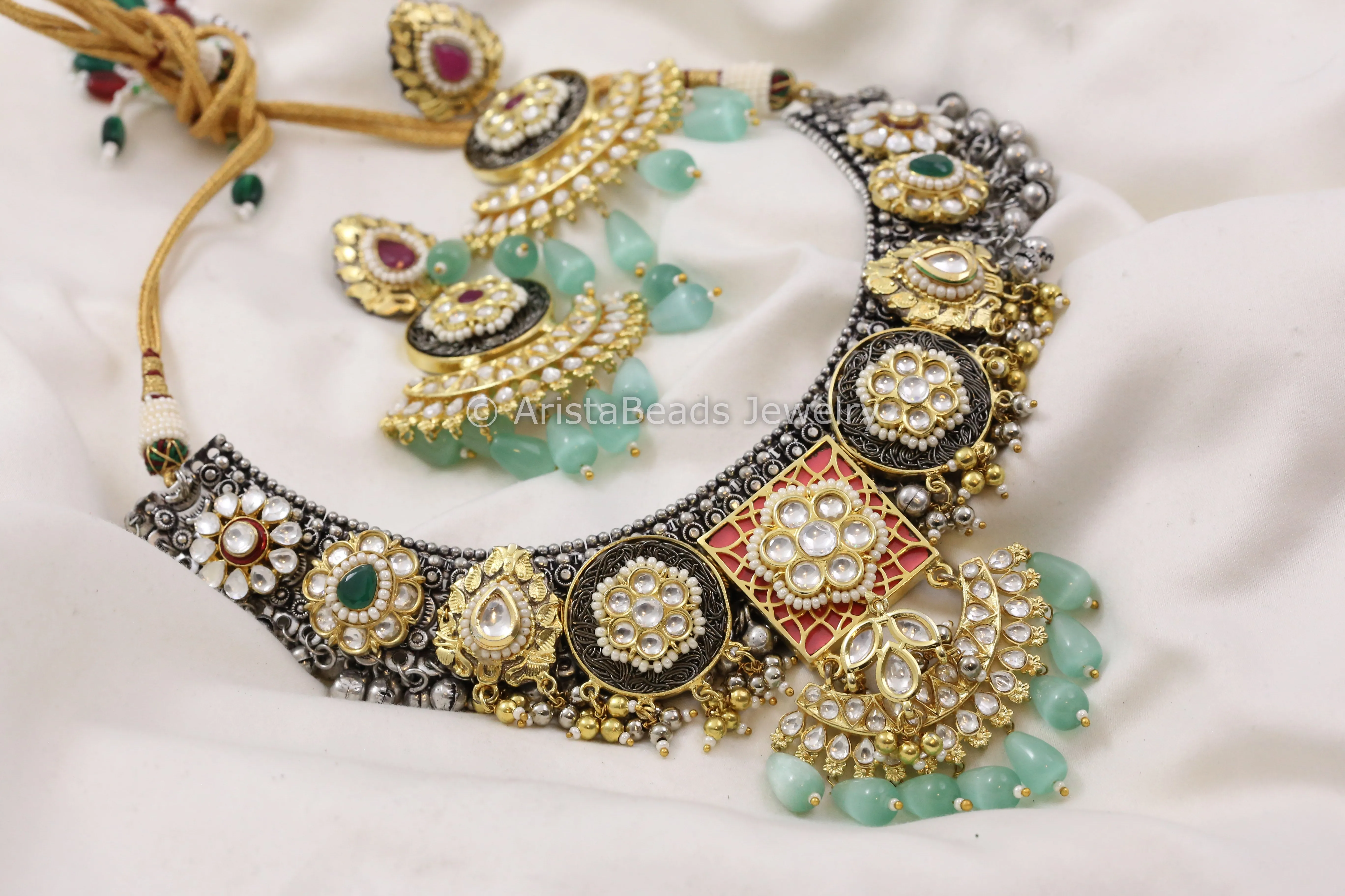 Contemporary Dual Tone Designer Kundan Necklace Set - Mint