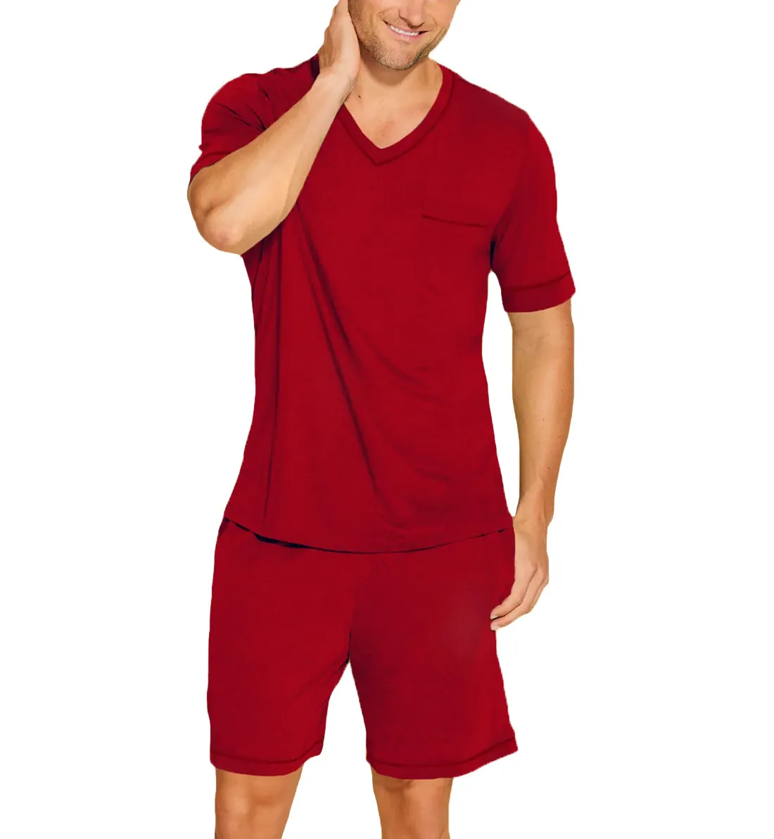 Cosabella Men's Short Sleeve V-Neck Shirt & Short PJ Set (AMORE9421) - Sindoor Red