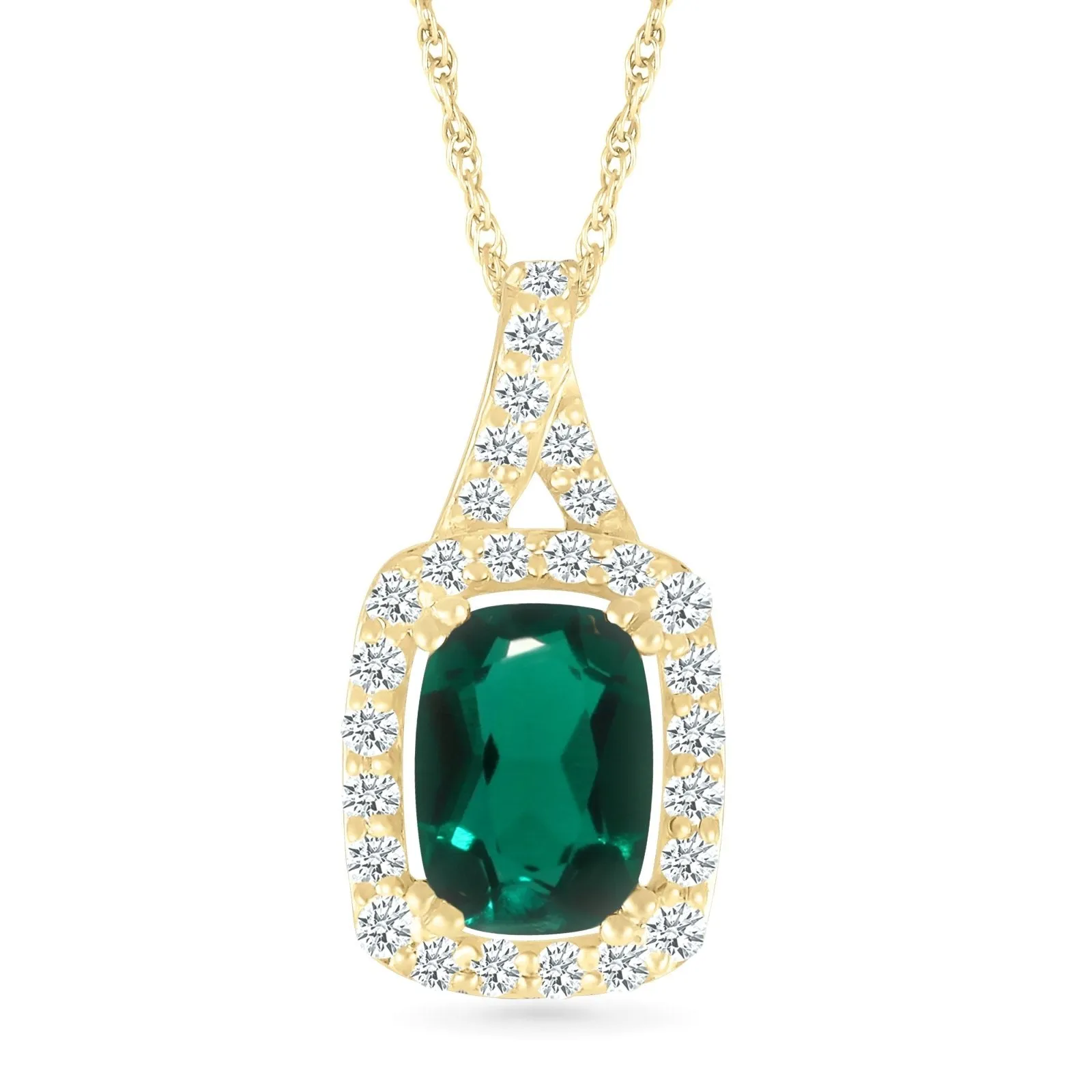 Cushion Cut Emerald Pendant with White Sapphire Halo and Bail