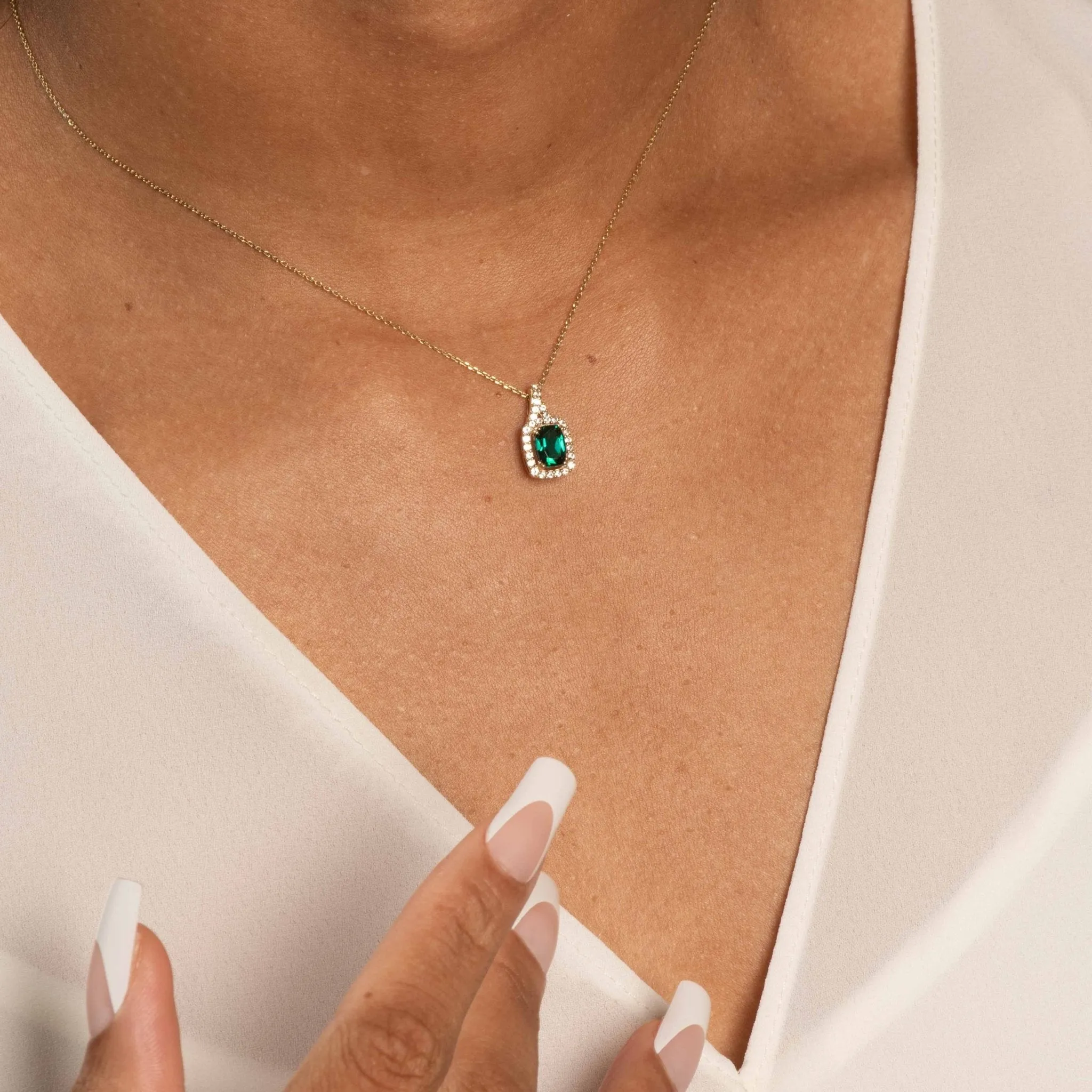 Cushion Cut Emerald Pendant with White Sapphire Halo and Bail