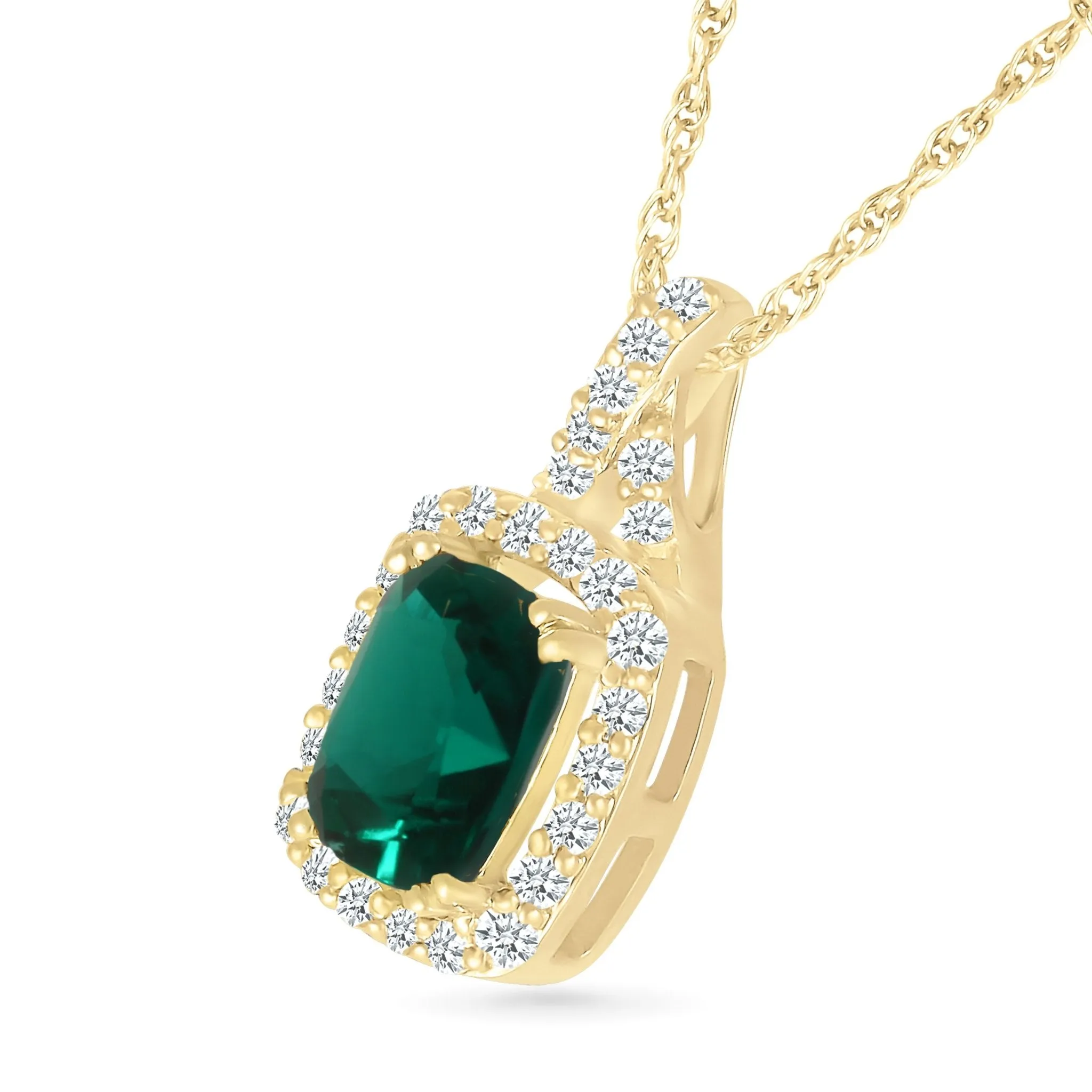 Cushion Cut Emerald Pendant with White Sapphire Halo and Bail