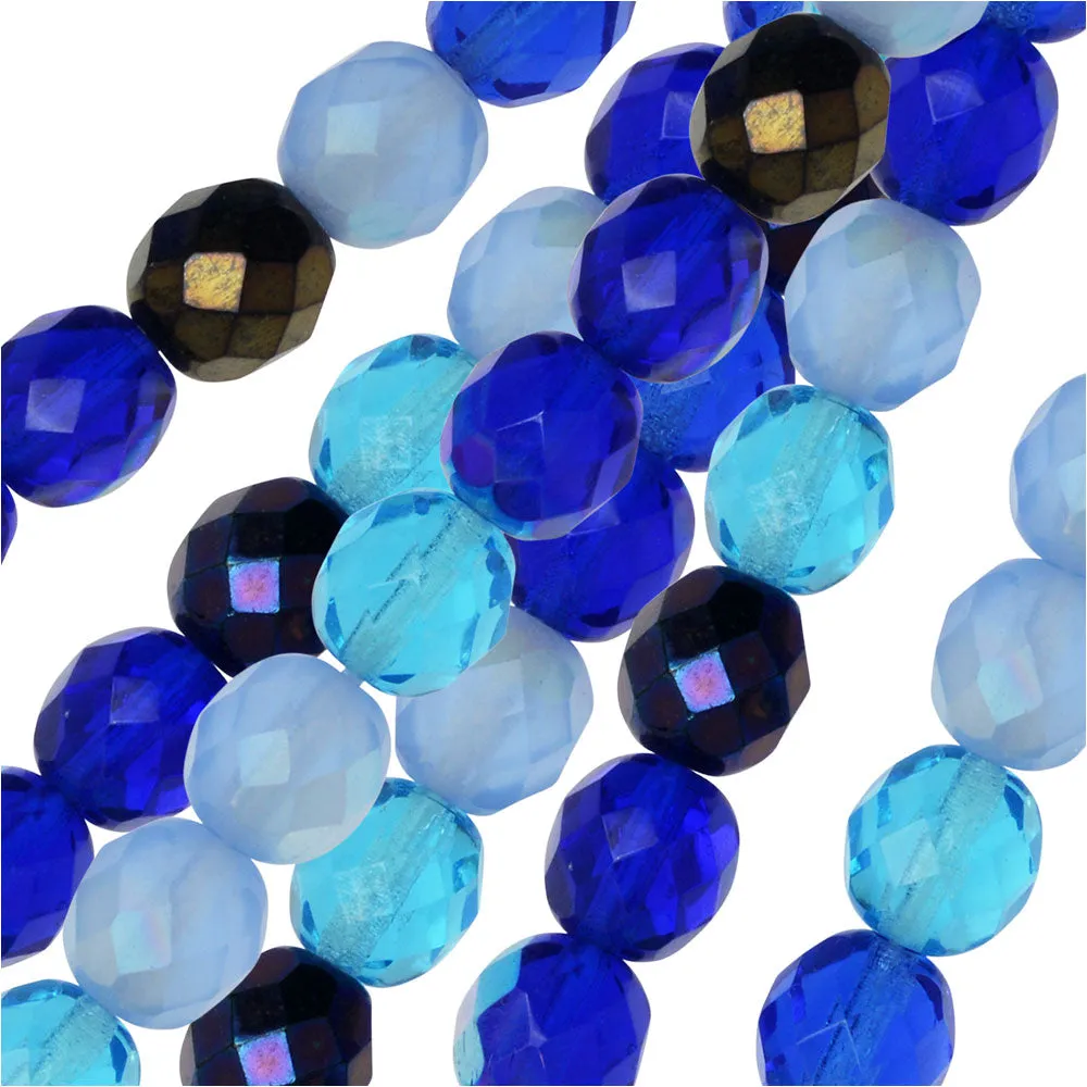 Czech Fire Polished Glass Beads, Faceted Round 8mm, Blue Tones Mix (50 Pieces)