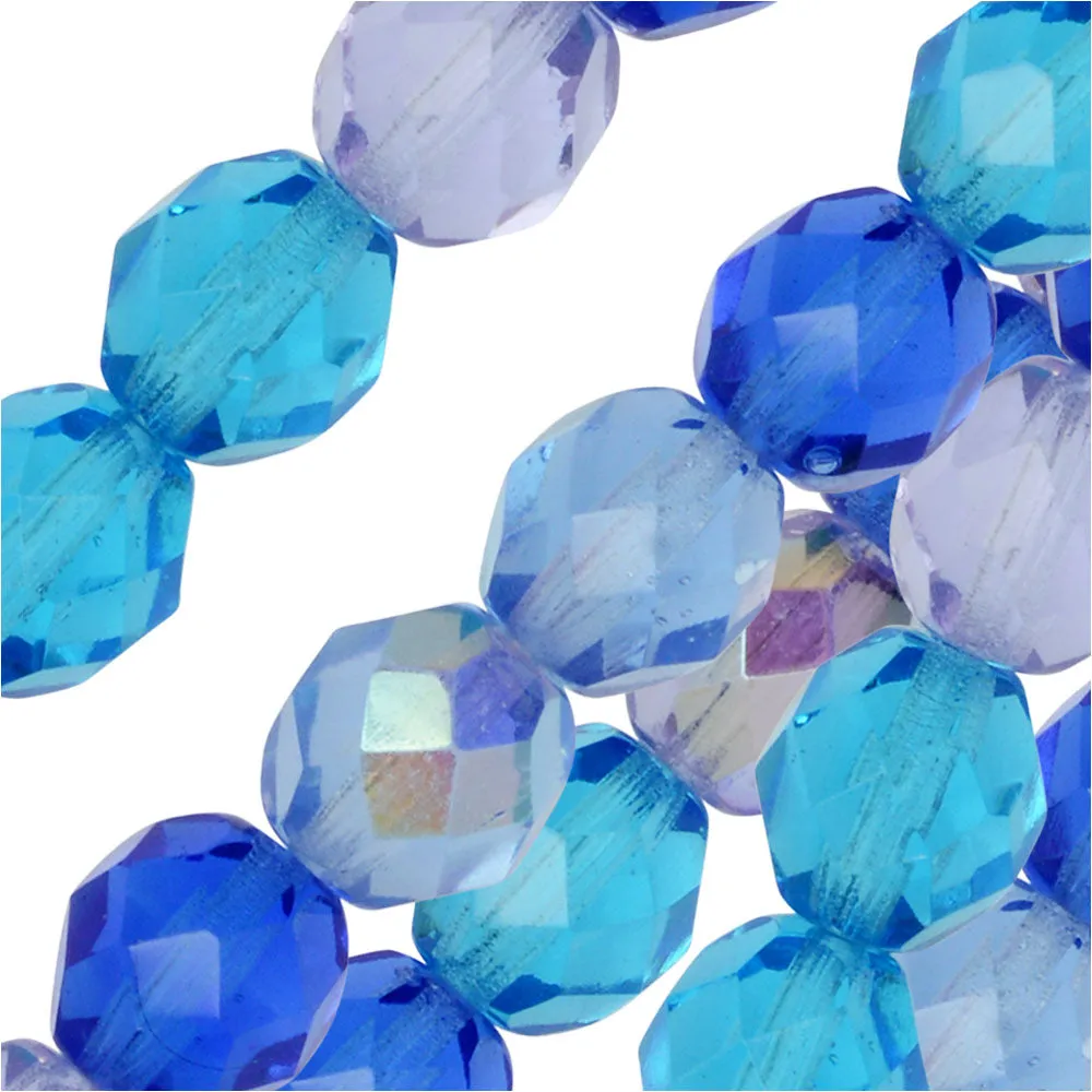 Czech Fire Polished Glass Beads, Faceted Round 8mm, Carribean Blue Mix (19 Pieces)