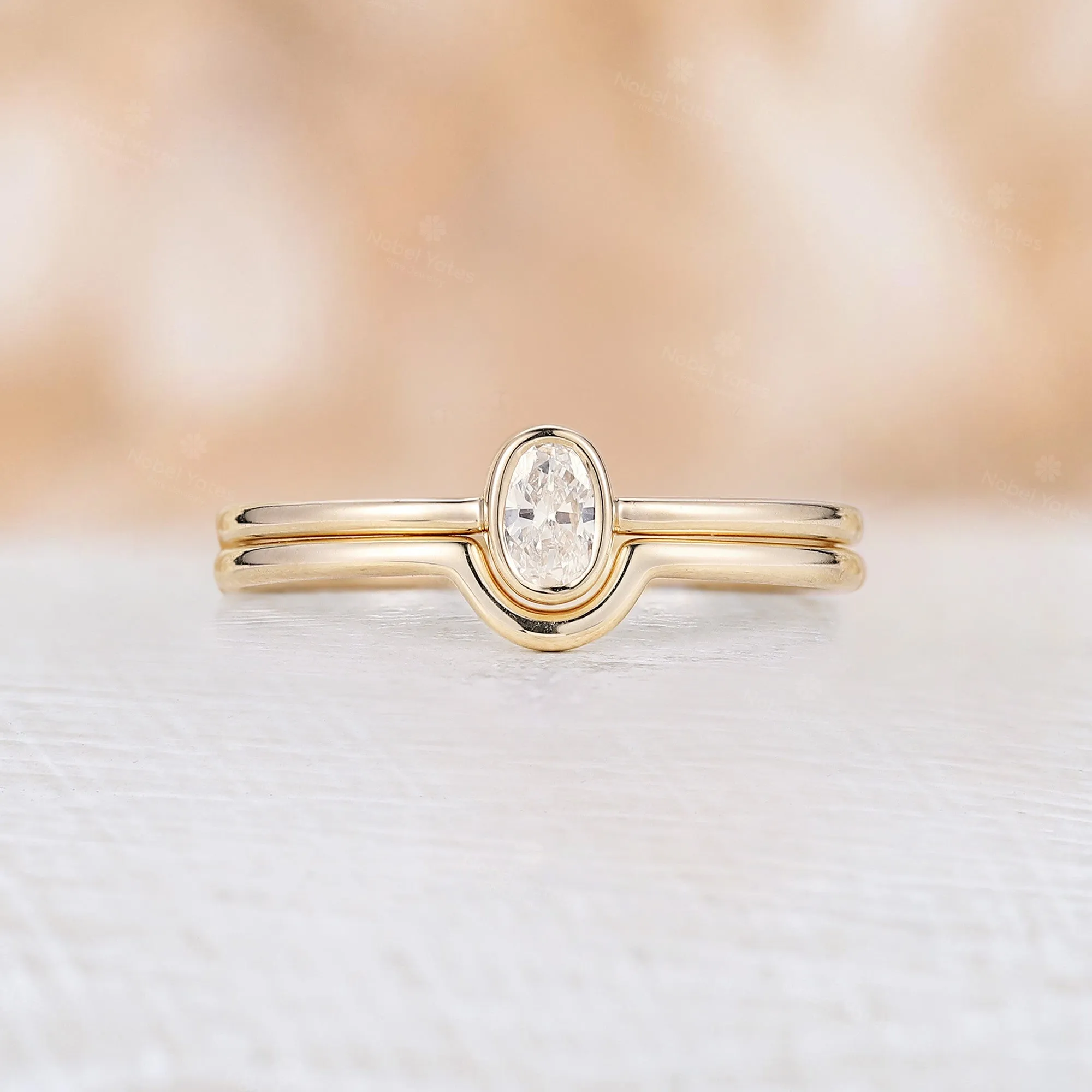 Dainty Oval Moissanite Solitaire Engagement Ring Set Yellow Gold Curved Band