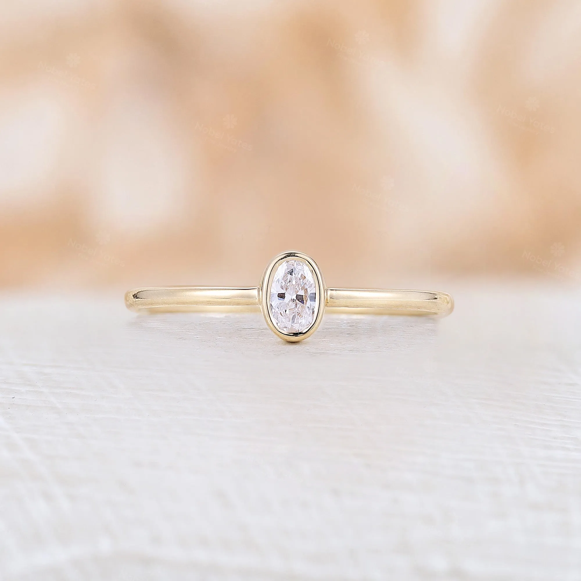 Dainty Oval Moissanite Solitaire Engagement Ring Set Yellow Gold Curved Band