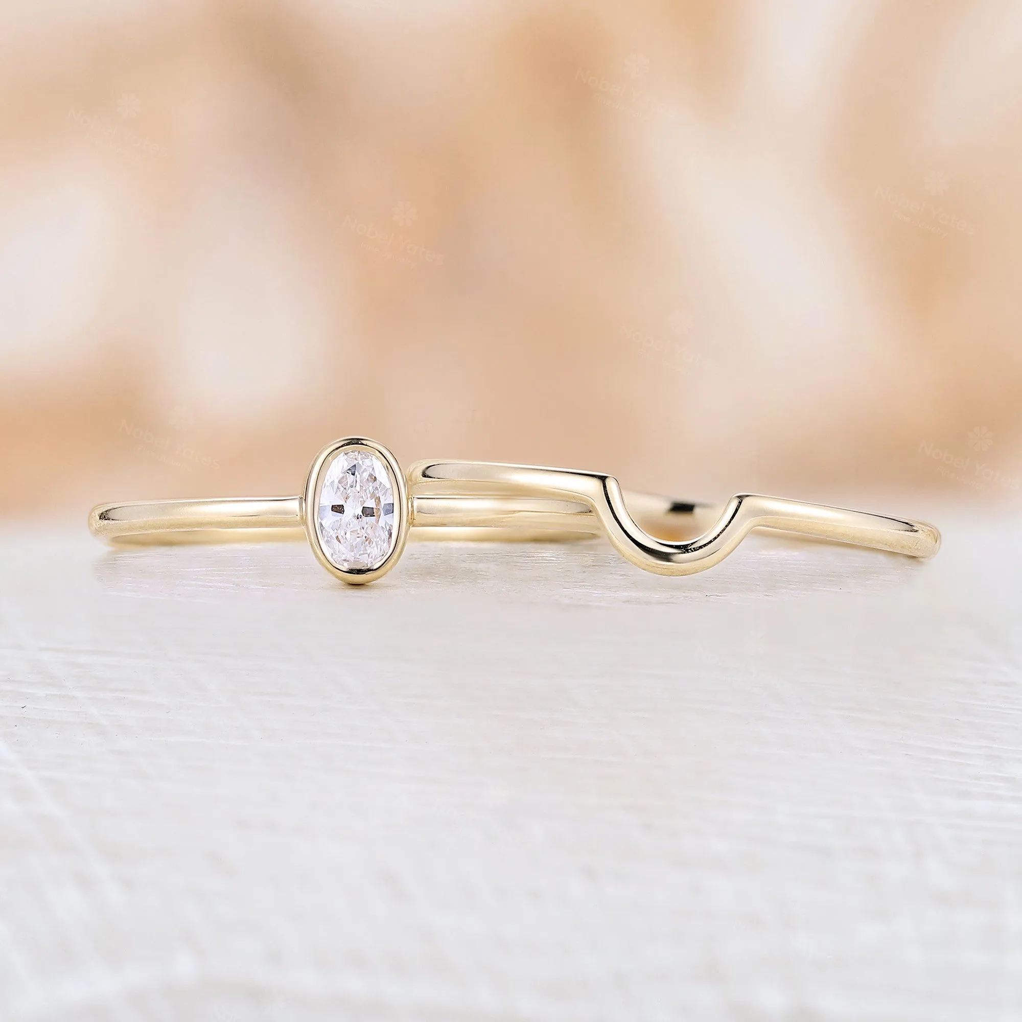 Dainty Oval Moissanite Solitaire Engagement Ring Set Yellow Gold Curved Band