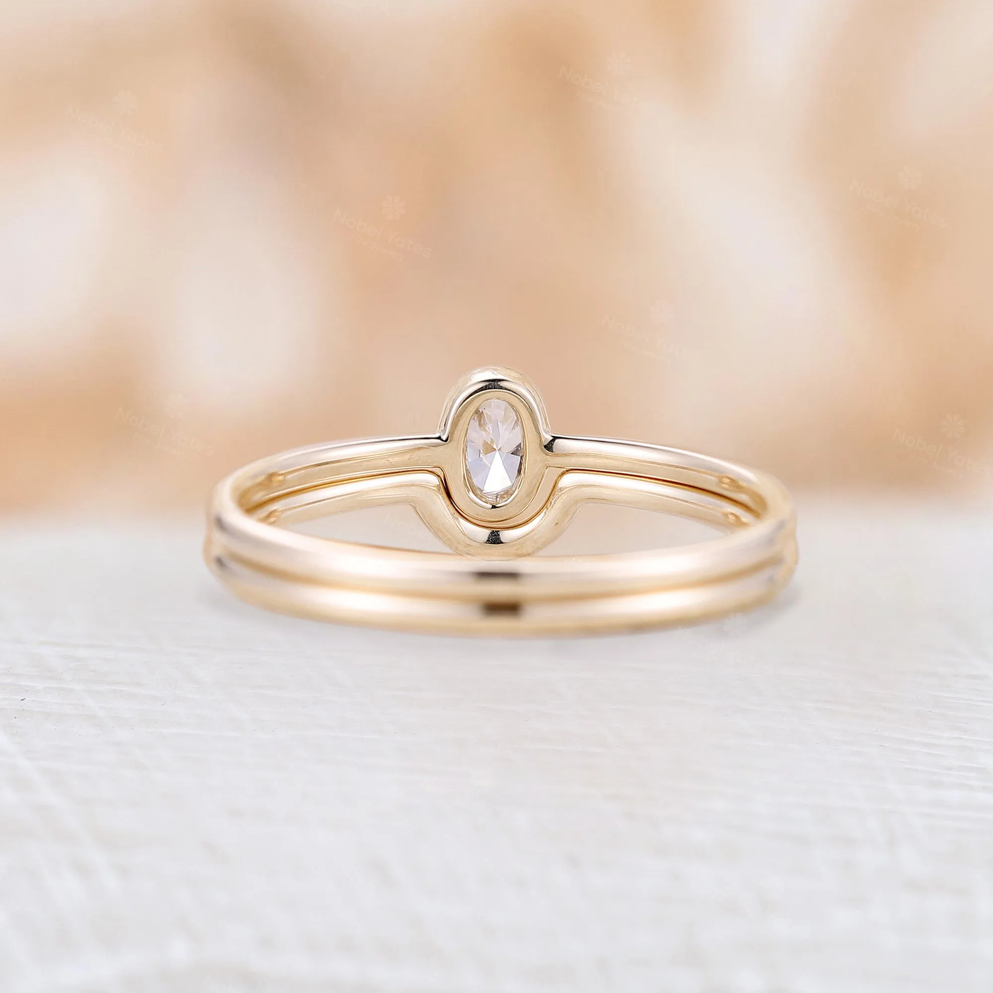 Dainty Oval Moissanite Solitaire Engagement Ring Set Yellow Gold Curved Band