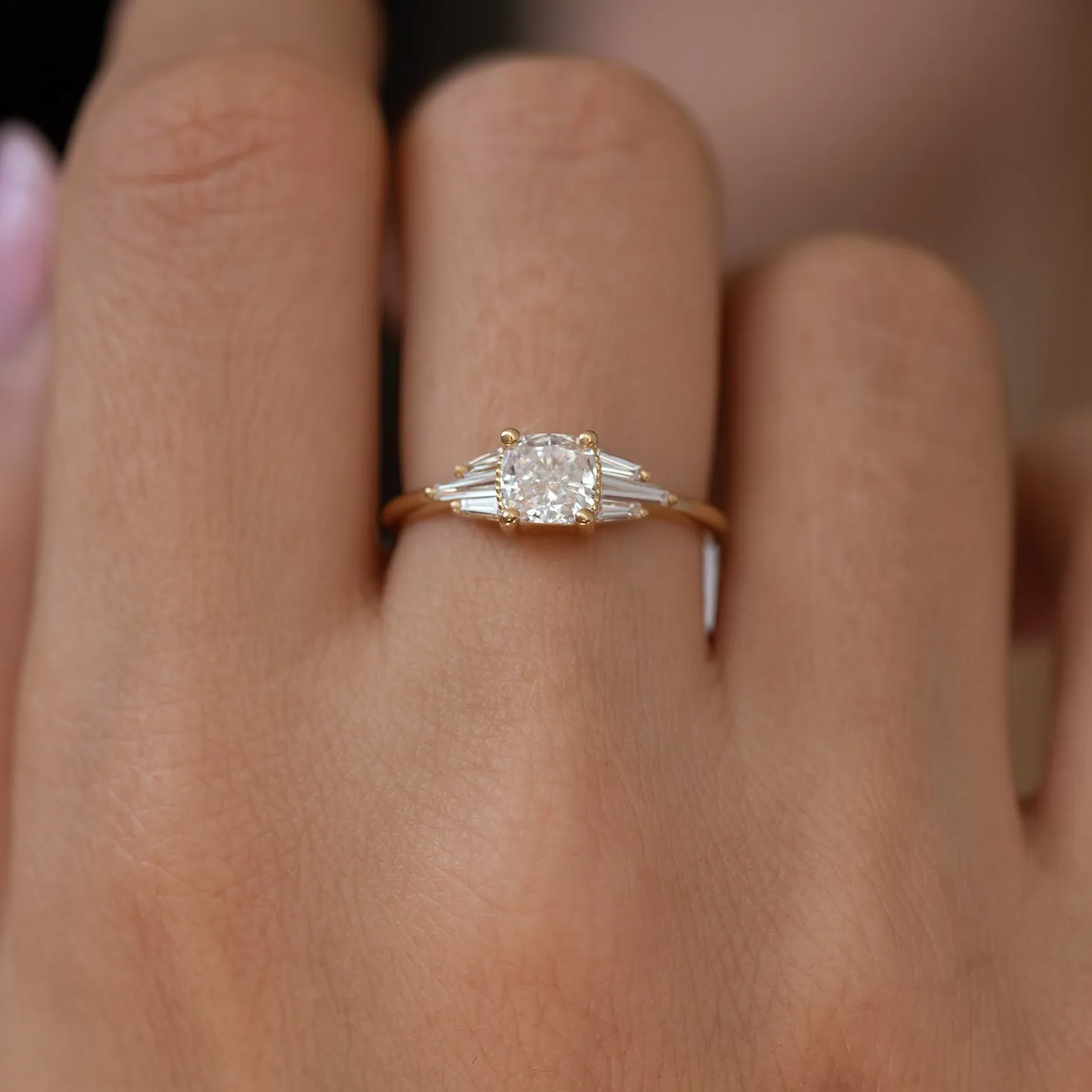 Deco Engagement Ring with Cushion Diamond