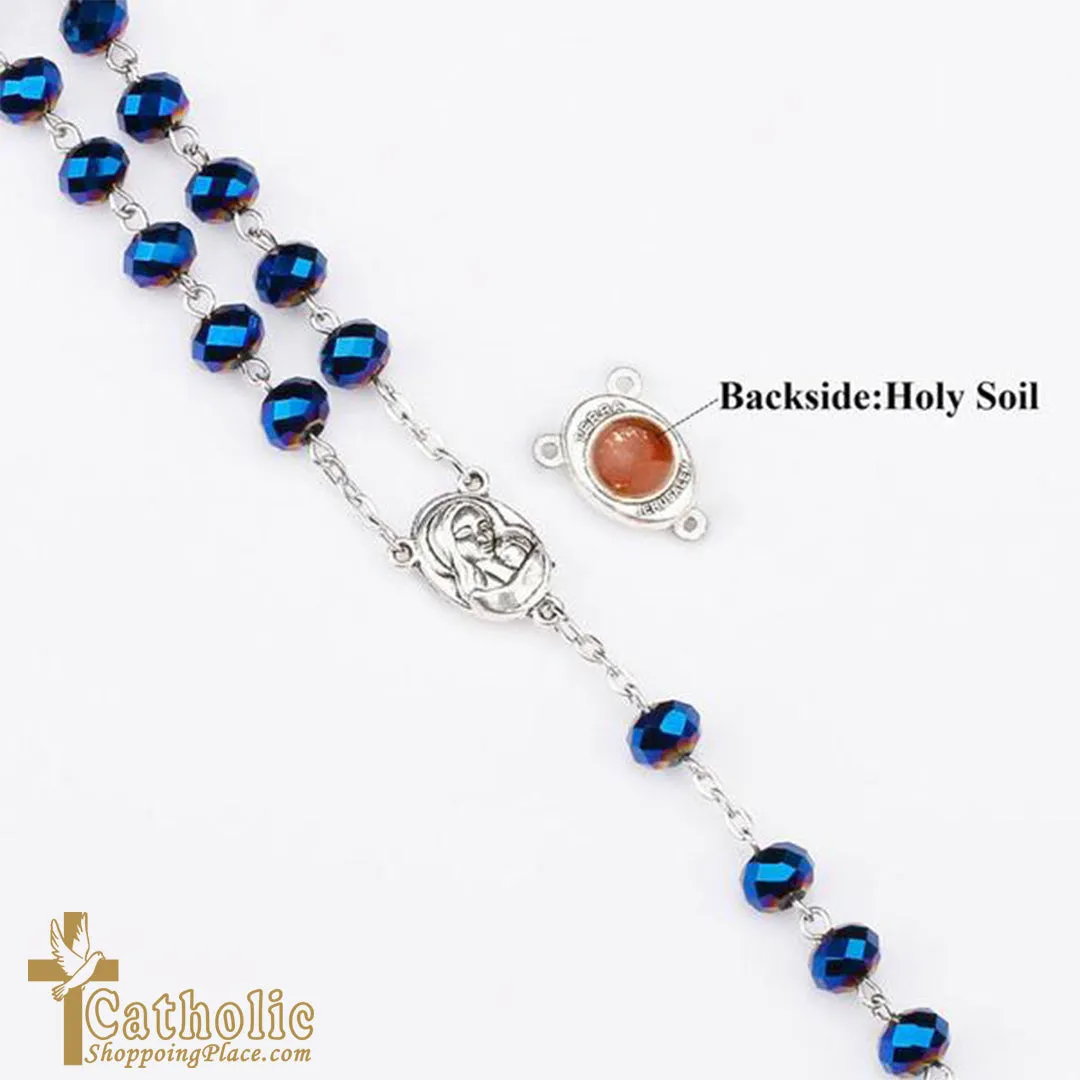 Deep Blue Crystal Beads Rosary With Holy Soil Medal