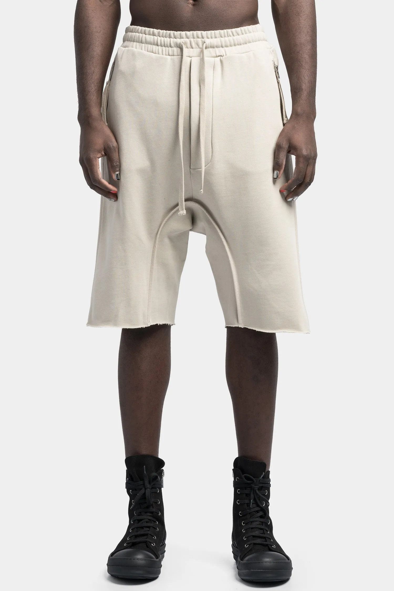 Drop crotch cotton sweat shorts, Sand shell